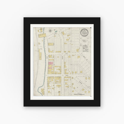 Old map wall art mockup — black gallery frame with white mat — Sanborn Fire Insurance Map from Coeburn, Wise County, Virginia (1908), Sheet #0001