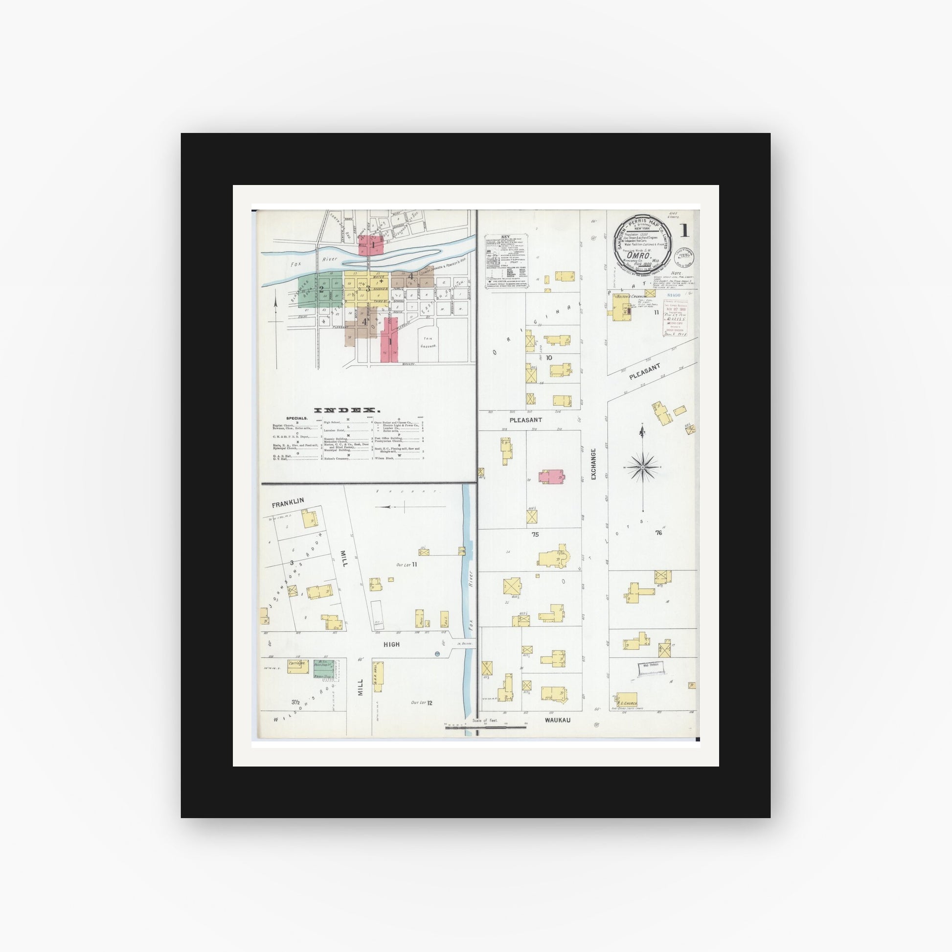 Old map wall art mockup — black gallery frame with white mat — Sanborn Fire Insurance Map from Omro, Winnebago County, Wisconsin (1900), Sheet #0001