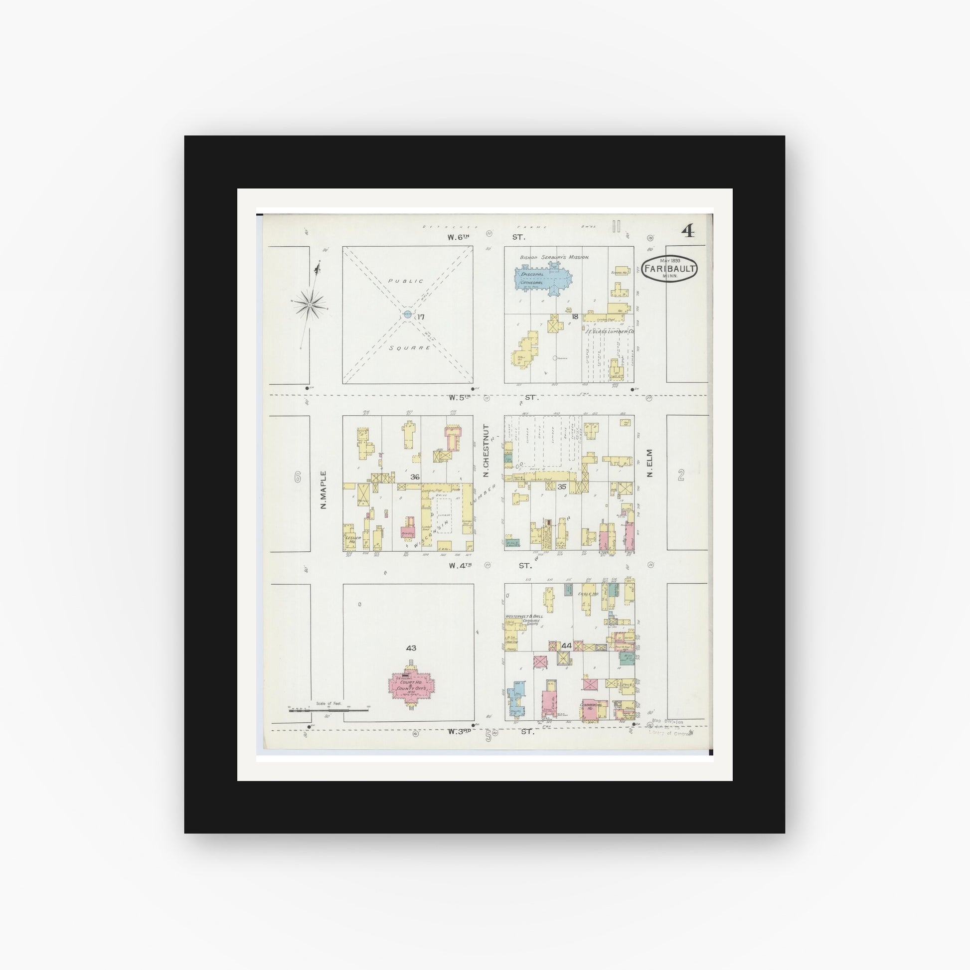 Old map wall art mockup — black gallery frame with white mat — Sanborn Fire Insurance Map from Faribault, Rice County, Minnesota (1893), Sheet #0004