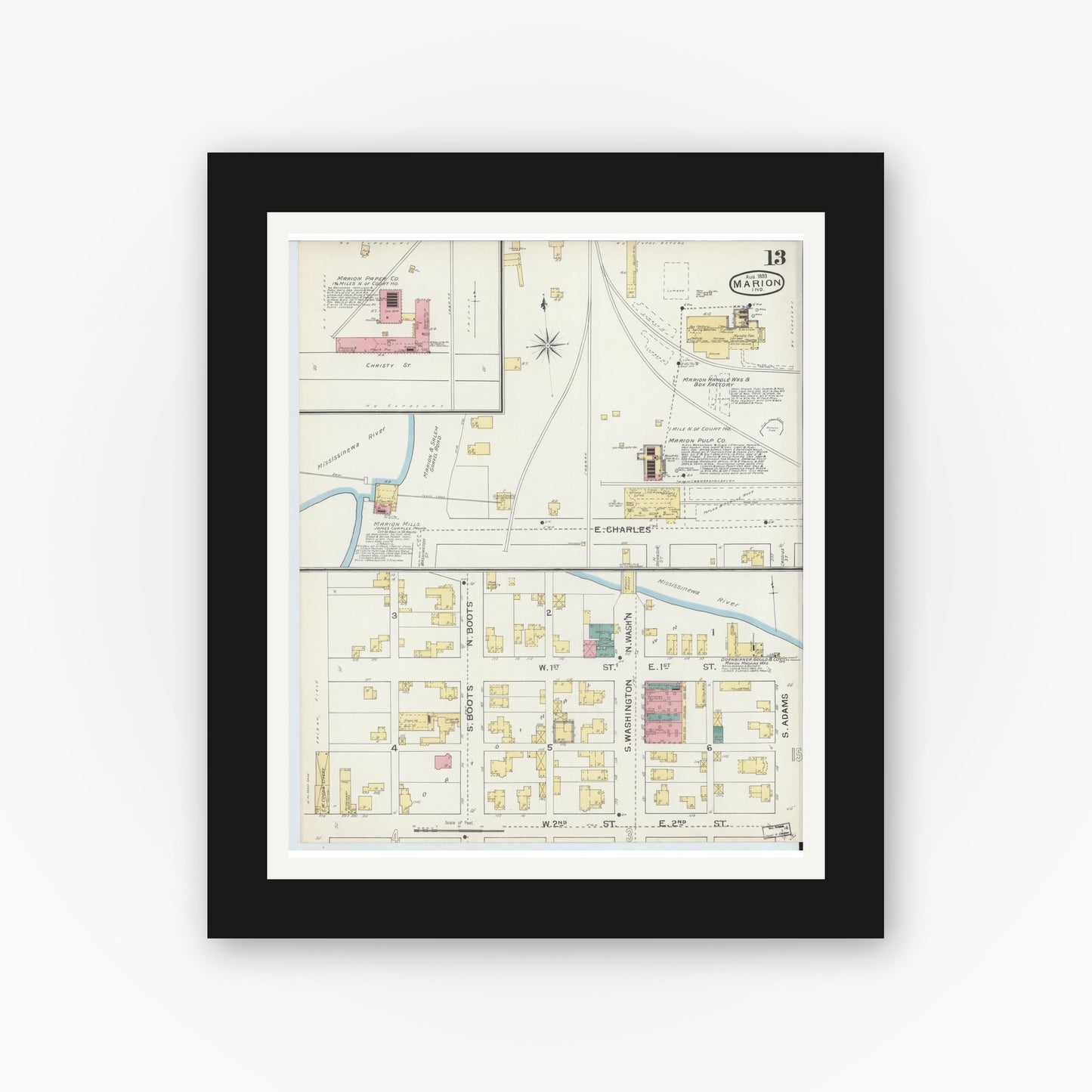 Old map wall art mockup — black gallery frame with white mat — Sanborn Fire Insurance Map from Marion, Grant County, Indiana (1893), Sheet #0013