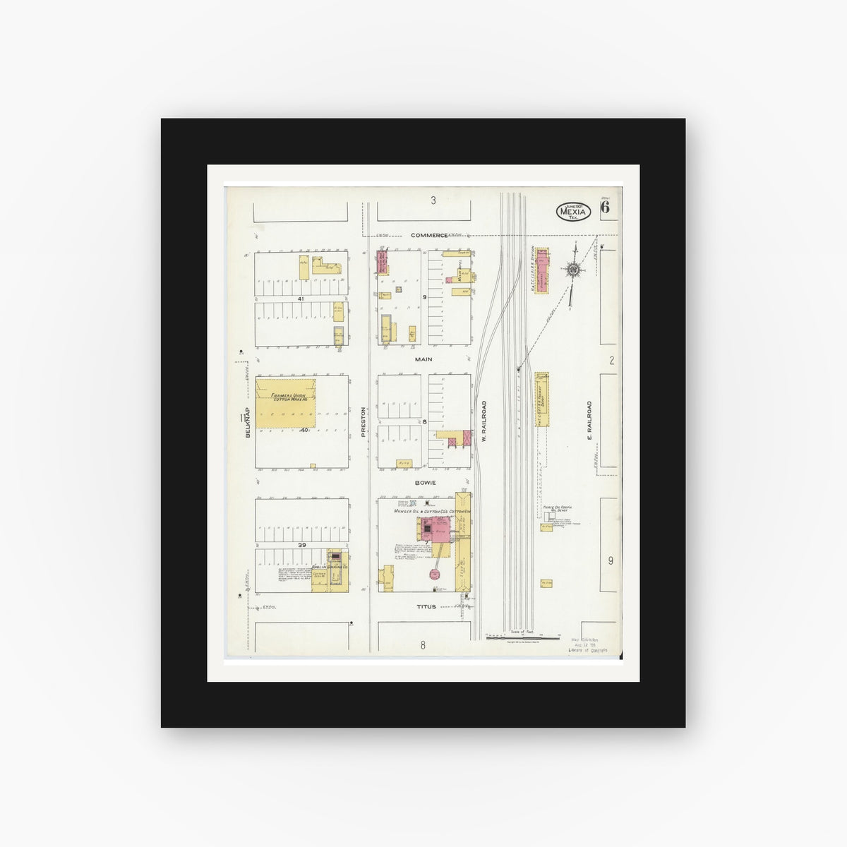 Old map wall art mockup — black gallery frame with white mat — Sanborn Fire Insurance Map from Mexia, Limestone County, Texas (1921), Sheet #0006