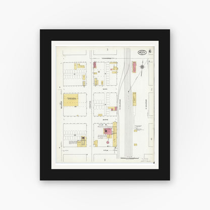 Old map wall art mockup — black gallery frame with white mat — Sanborn Fire Insurance Map from Mexia, Limestone County, Texas (1921), Sheet #0006