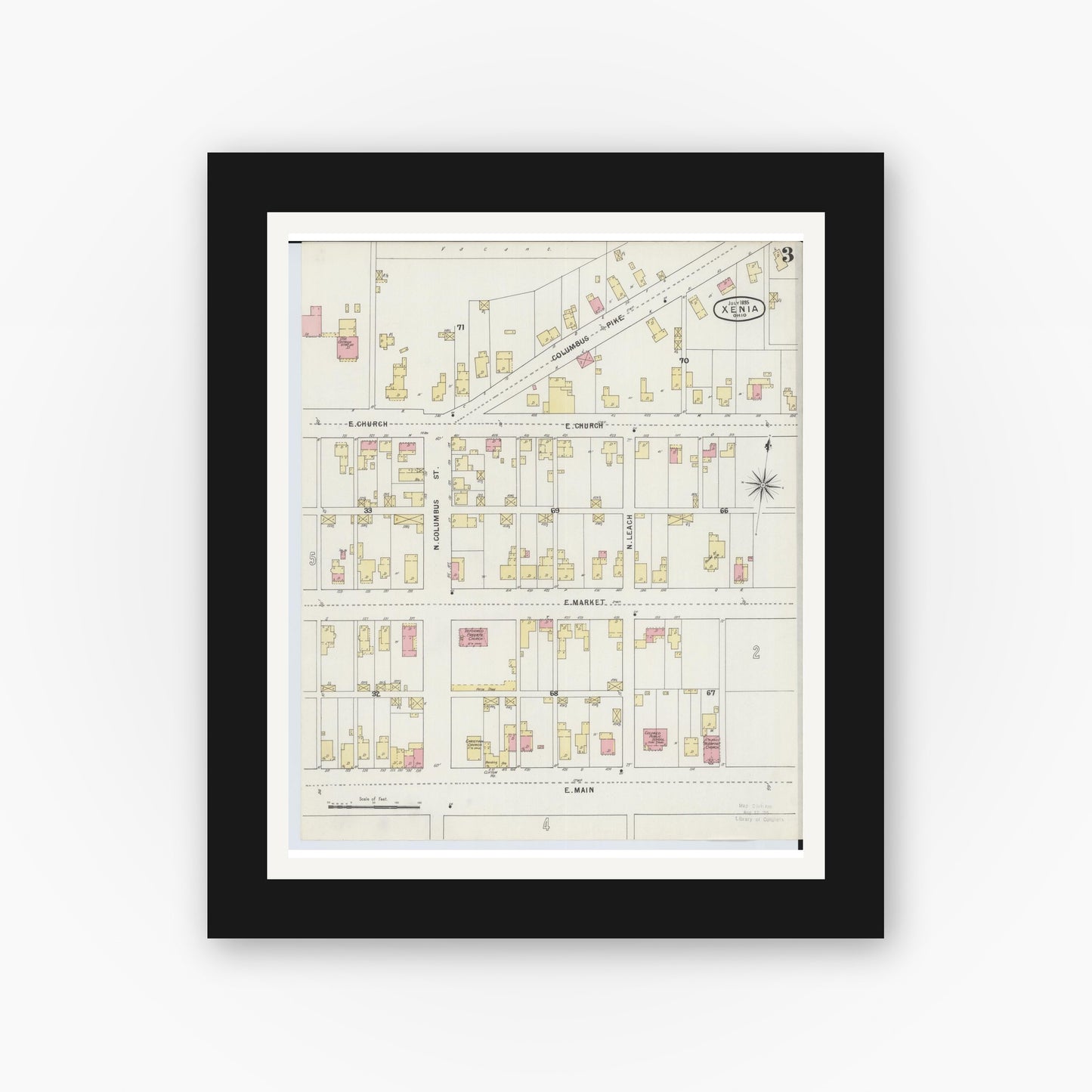 Old map wall art mockup — black gallery frame with white mat — Sanborn Fire Insurance Map from Xenia, Greene County, Ohio (1895), Sheet #0003