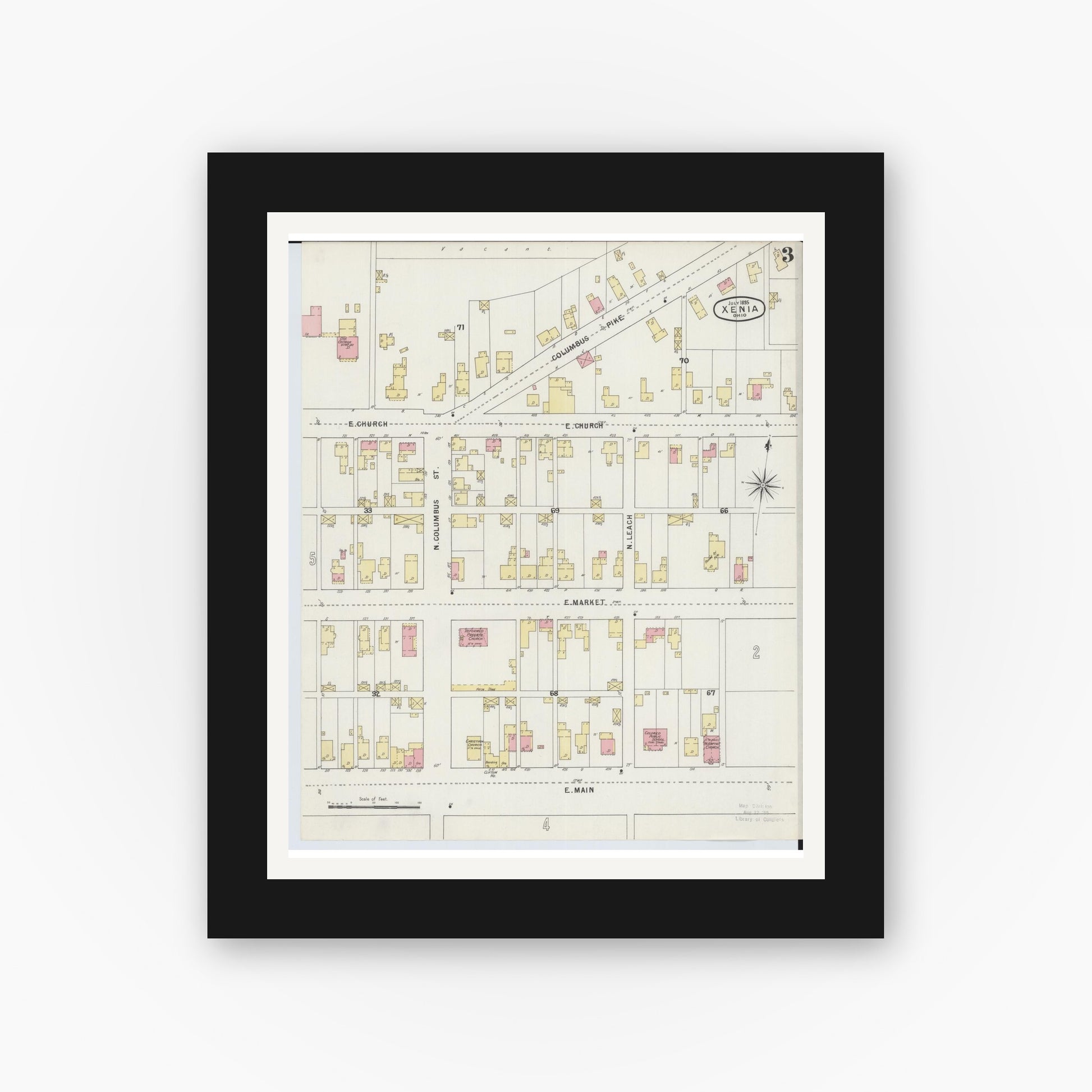 Old map wall art mockup — black gallery frame with white mat — Sanborn Fire Insurance Map from Xenia, Greene County, Ohio (1895), Sheet #0003