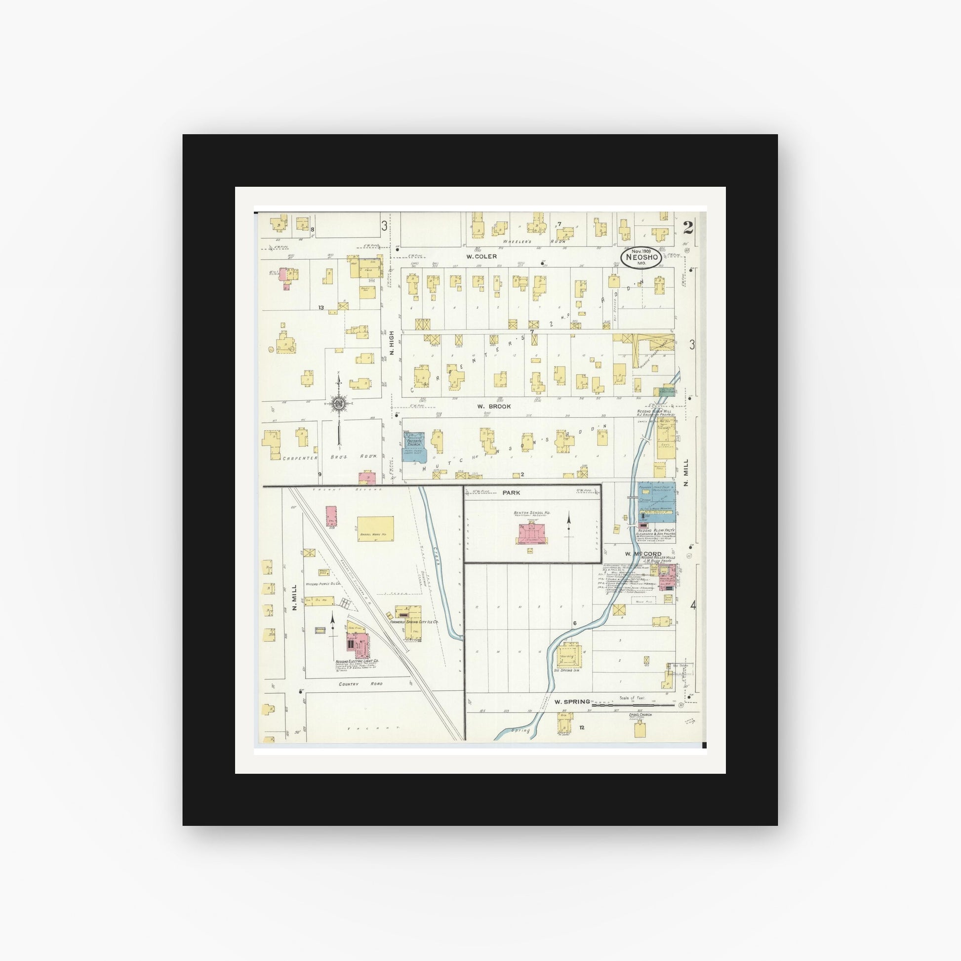 Old map wall art mockup — black gallery frame with white mat — Sanborn Fire Insurance Map from Neosho, Newton County, Missouri (1909), Sheet #0002