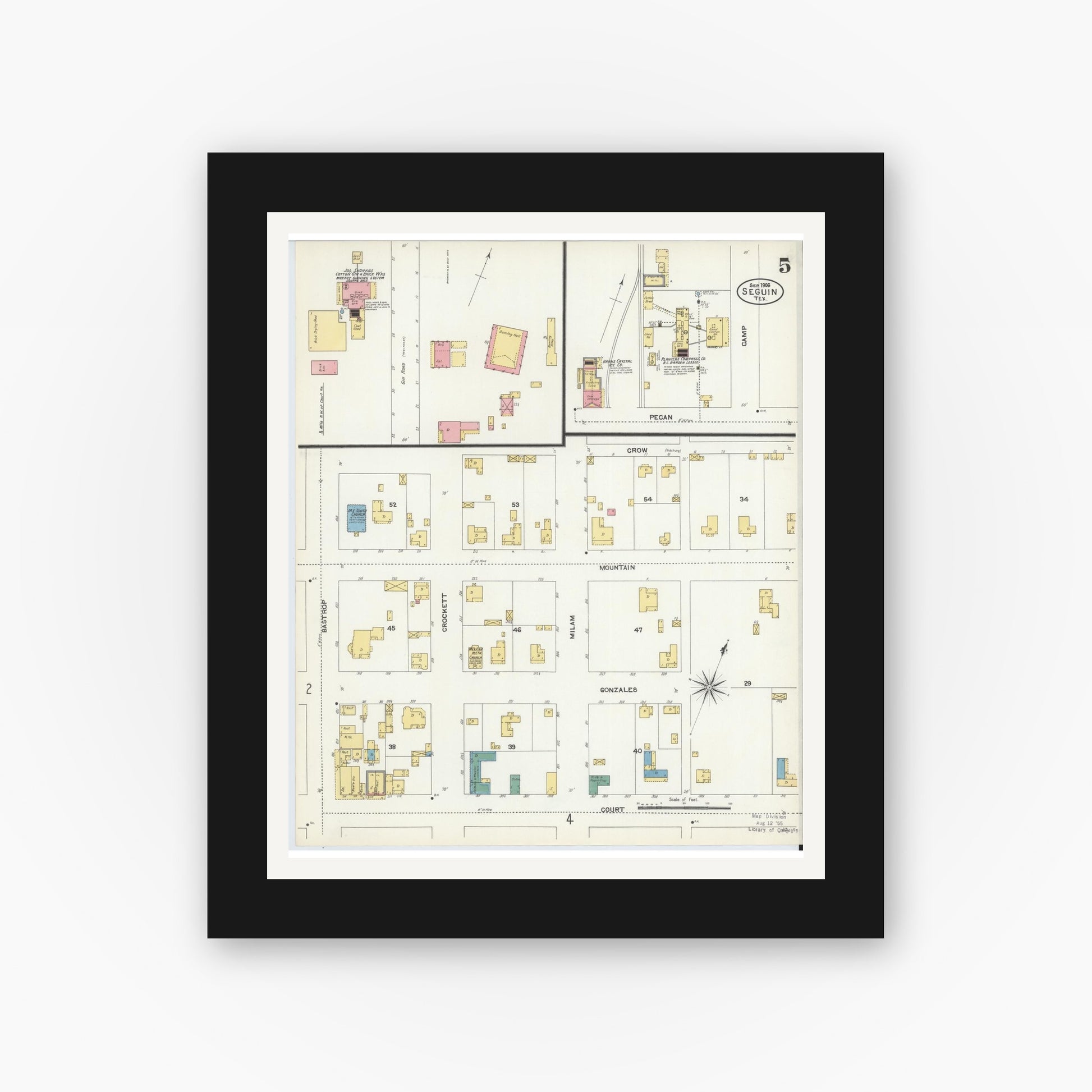 Old map wall art mockup — black gallery frame with white mat — Sanborn Fire Insurance Map from Seguin, Guadalupe County, Texas (1906), Sheet #0005