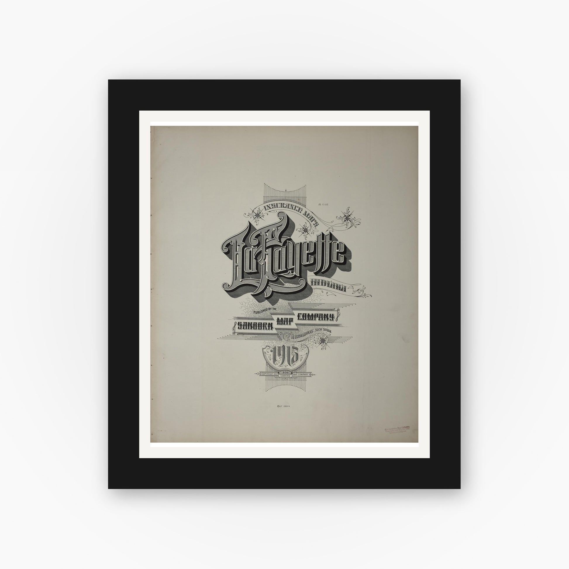 Old map wall art mockup — black gallery frame with white mat — Sanborn Fire Insurance Map from Lafayette, Tippecanoe County, Indiana (1915), Sheet #0001