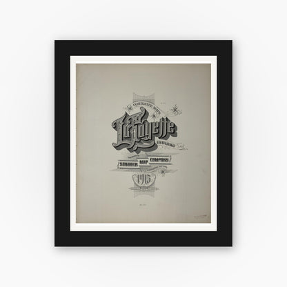 Old map wall art mockup — black gallery frame with white mat — Sanborn Fire Insurance Map from Lafayette, Tippecanoe County, Indiana (1915), Sheet #0001