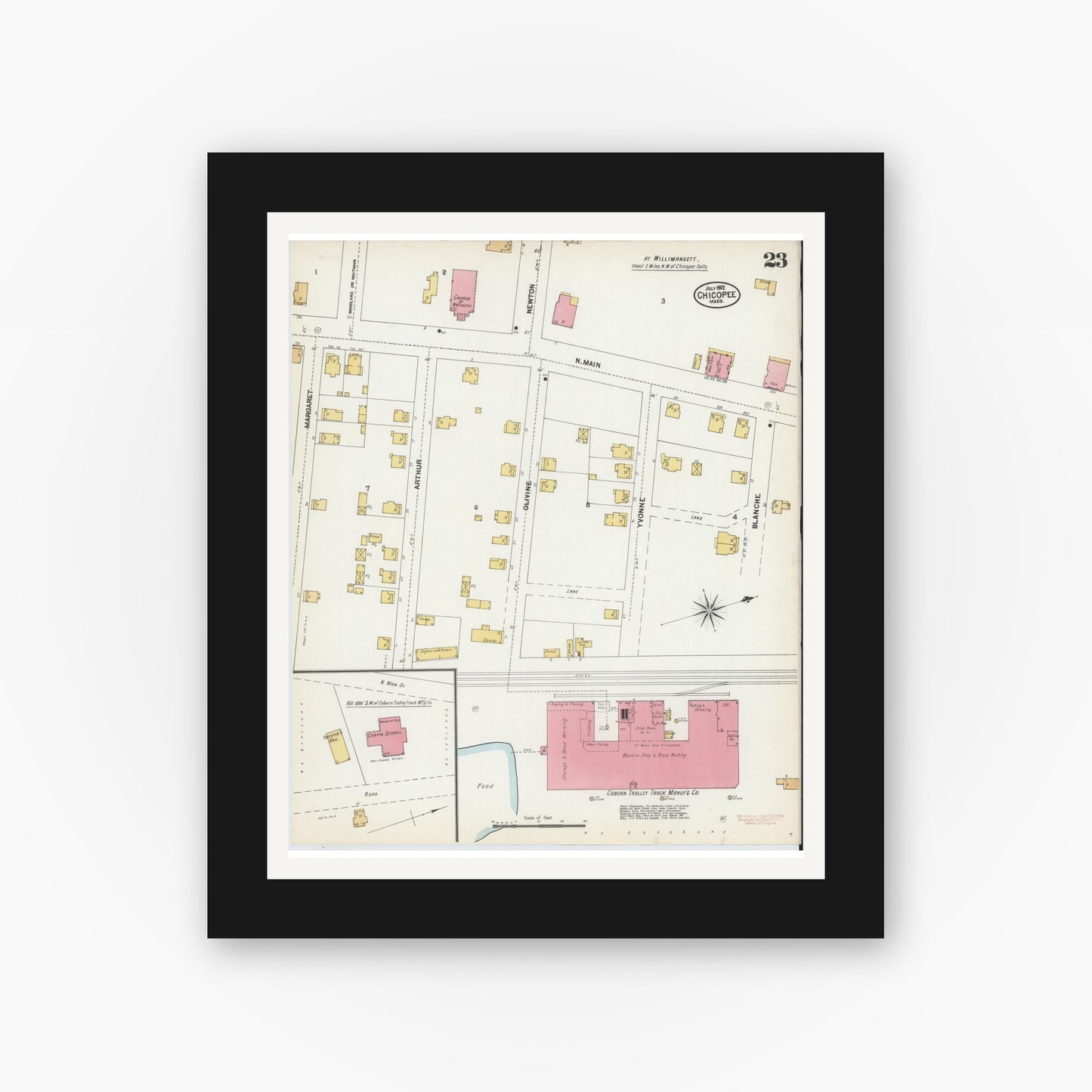 Old map wall art mockup — black gallery frame with white mat — Sanborn Fire Insurance Map from Chicopee, Hampden County, Massachusetts (1902), Sheet #0023