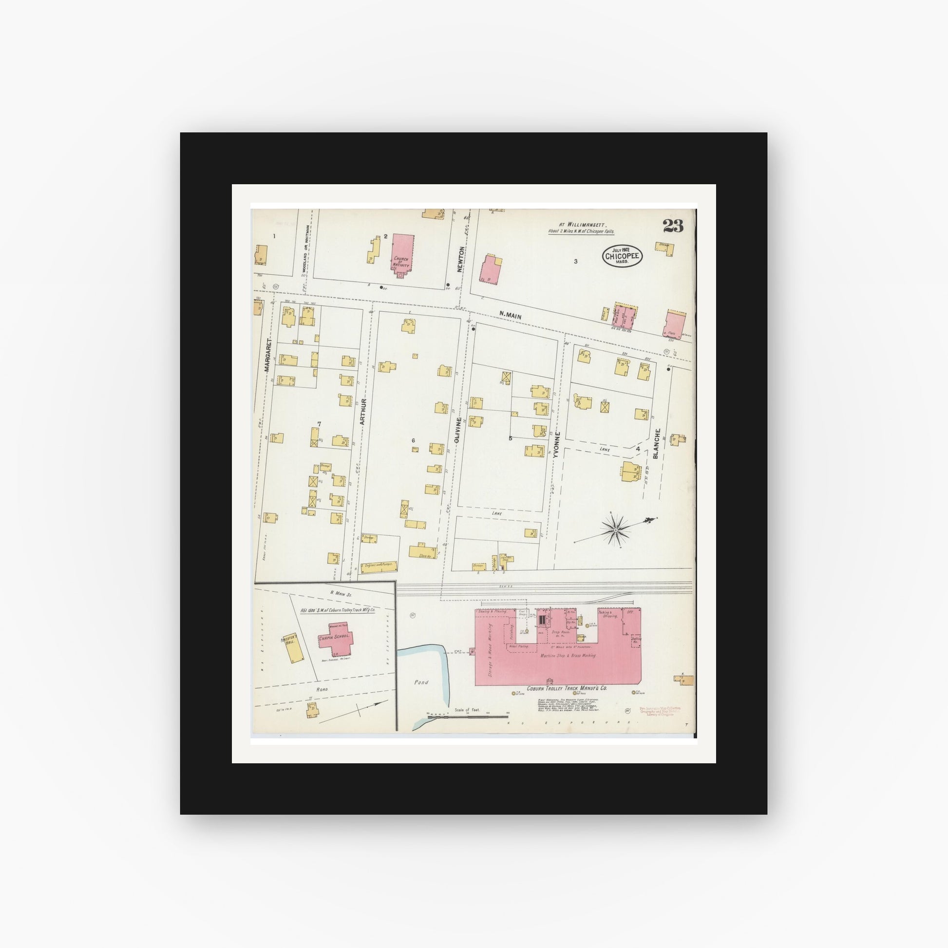 Old map wall art mockup — black gallery frame with white mat — Sanborn Fire Insurance Map from Chicopee, Hampden County, Massachusetts (1902), Sheet #0023