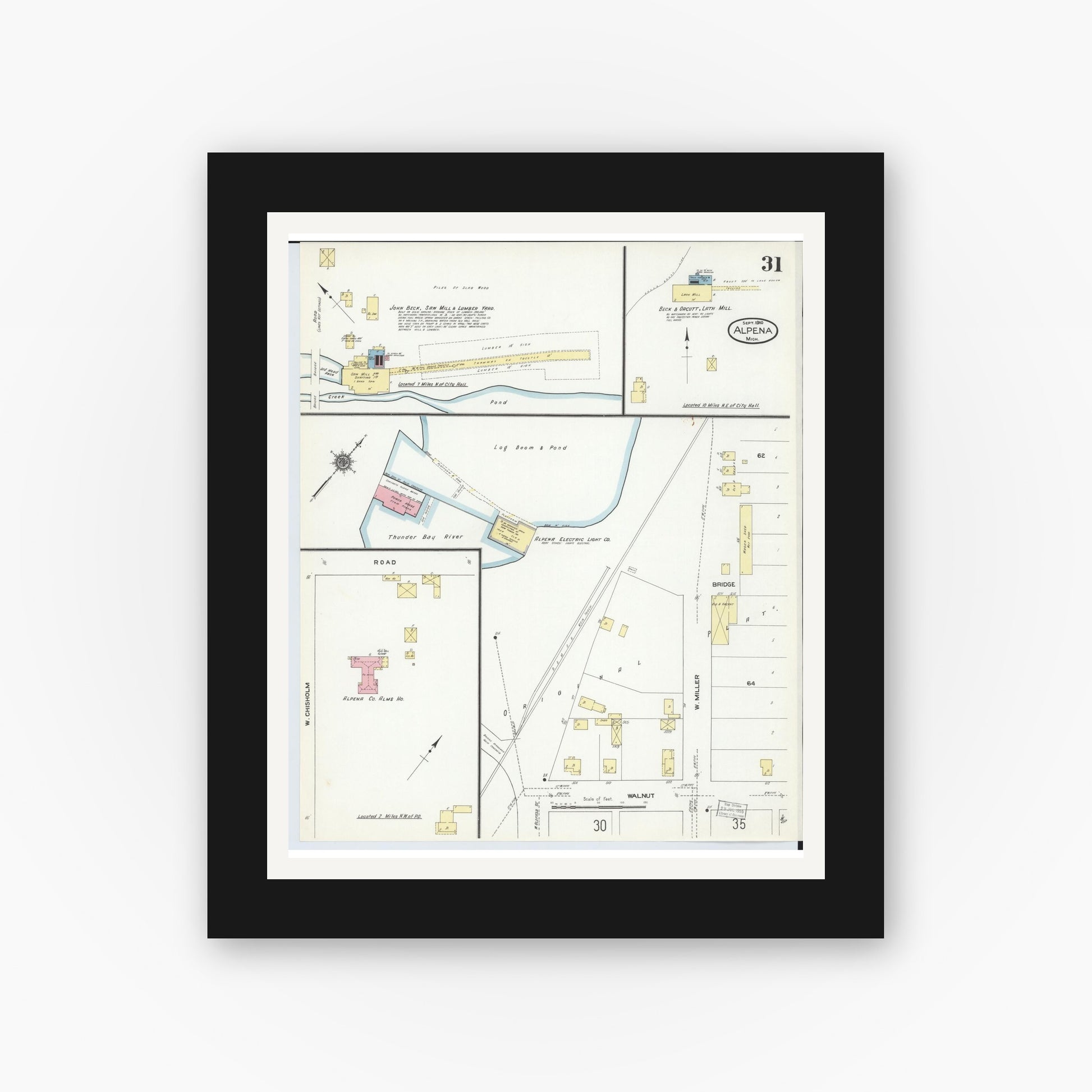 Old map wall art mockup — black gallery frame with white mat — Sanborn Fire Insurance Map from Alpena, Alpena County, Michigan (1910), Sheet #0031