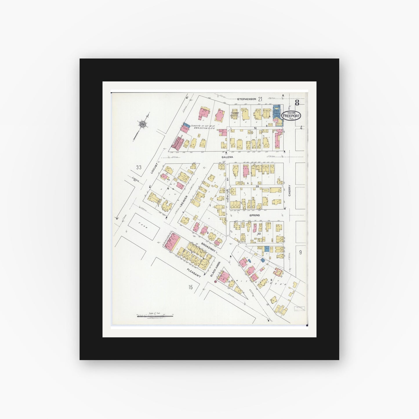 Old map wall art mockup — black gallery frame with white mat — Sanborn Fire Insurance Map from Freeport, Stephenson County, Illinois (1918), Sheet #0008