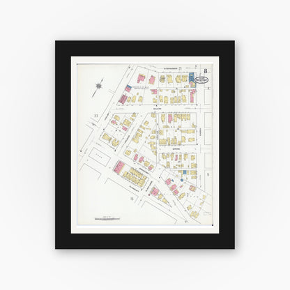 Old map wall art mockup — black gallery frame with white mat — Sanborn Fire Insurance Map from Freeport, Stephenson County, Illinois (1918), Sheet #0008