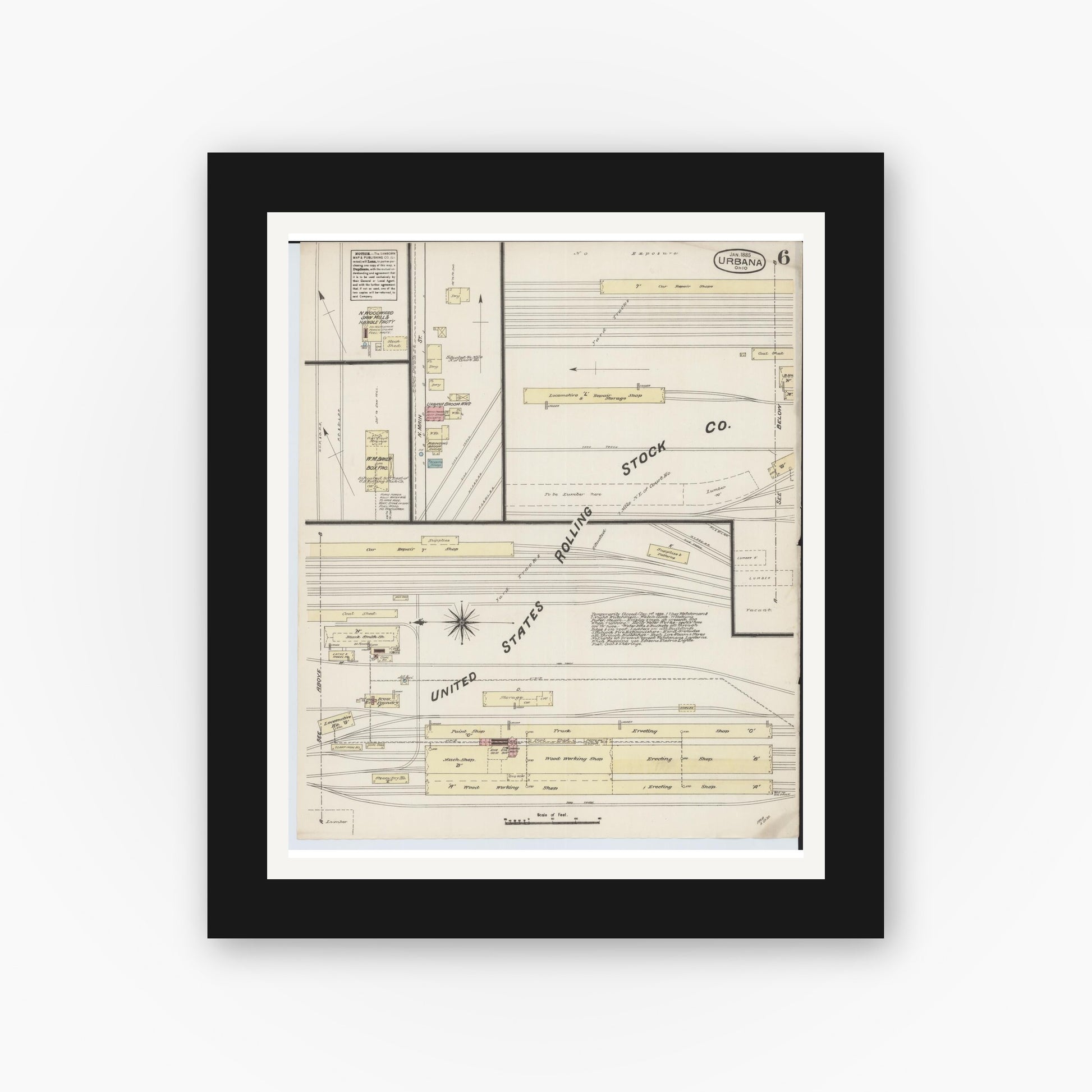 Old map wall art mockup — black gallery frame with white mat — Sanborn Fire Insurance Map from Urbana, Champaign County, Ohio (1885), Sheet #0006
