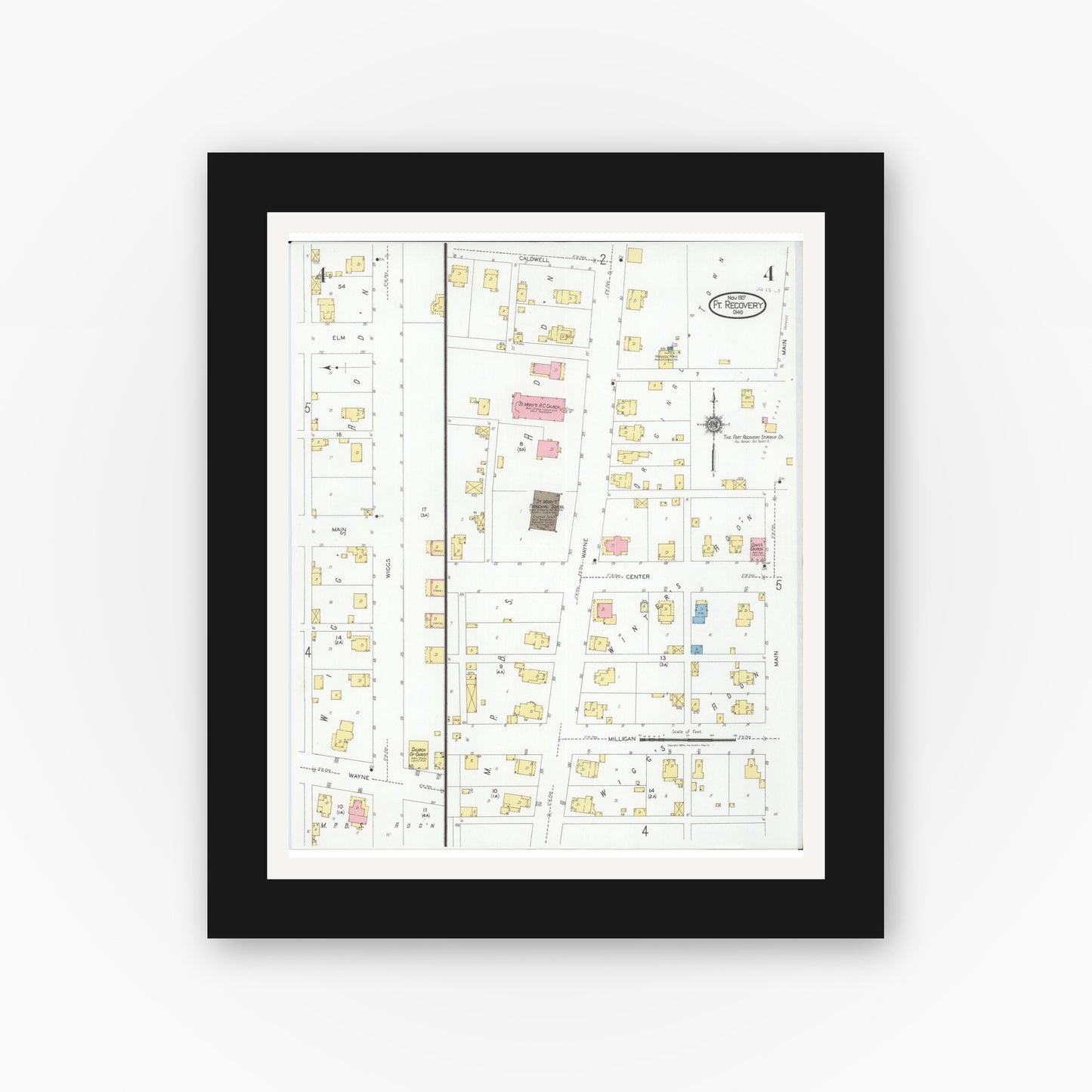 Old map wall art mockup — black gallery frame with white mat — Sanborn Fire Insurance Map from Fort Recovery, Mercer County, Ohio (1927), Sheet #0004