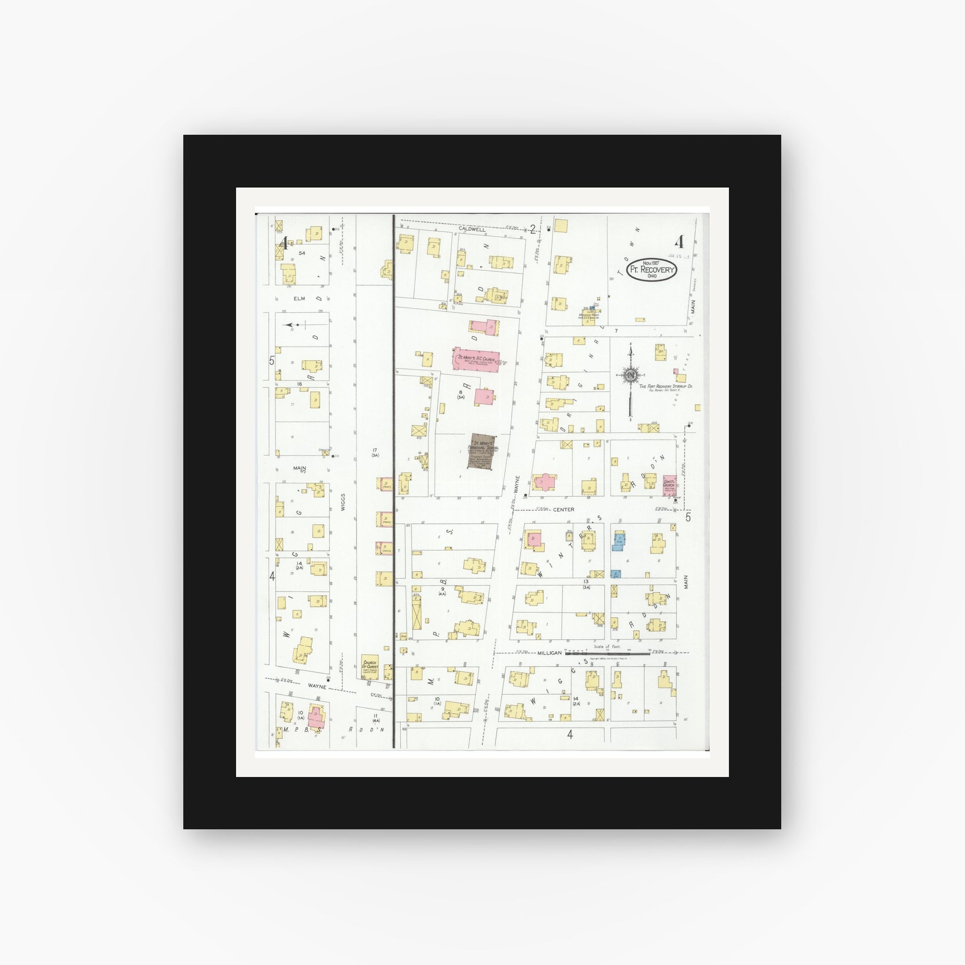 Old map wall art mockup — black gallery frame with white mat — Sanborn Fire Insurance Map from Fort Recovery, Mercer County, Ohio (1927), Sheet #0004