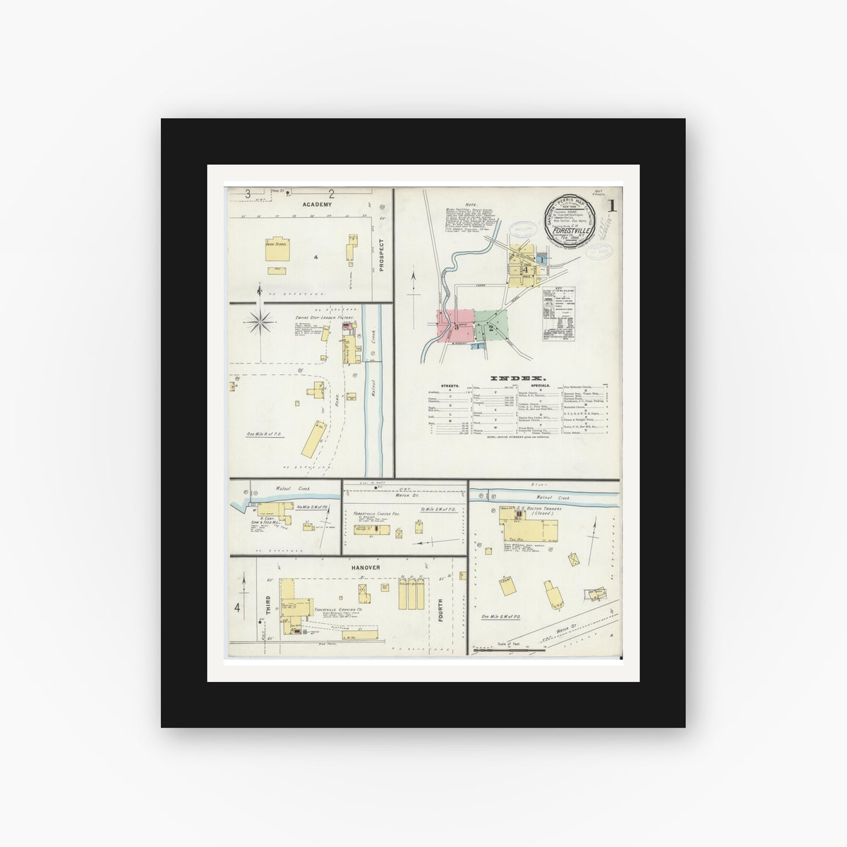 Old map wall art mockup — black gallery frame with white mat — Sanborn Fire Insurance Map from Forestville, Chautauqua County, New York (1898), Sheet #0001