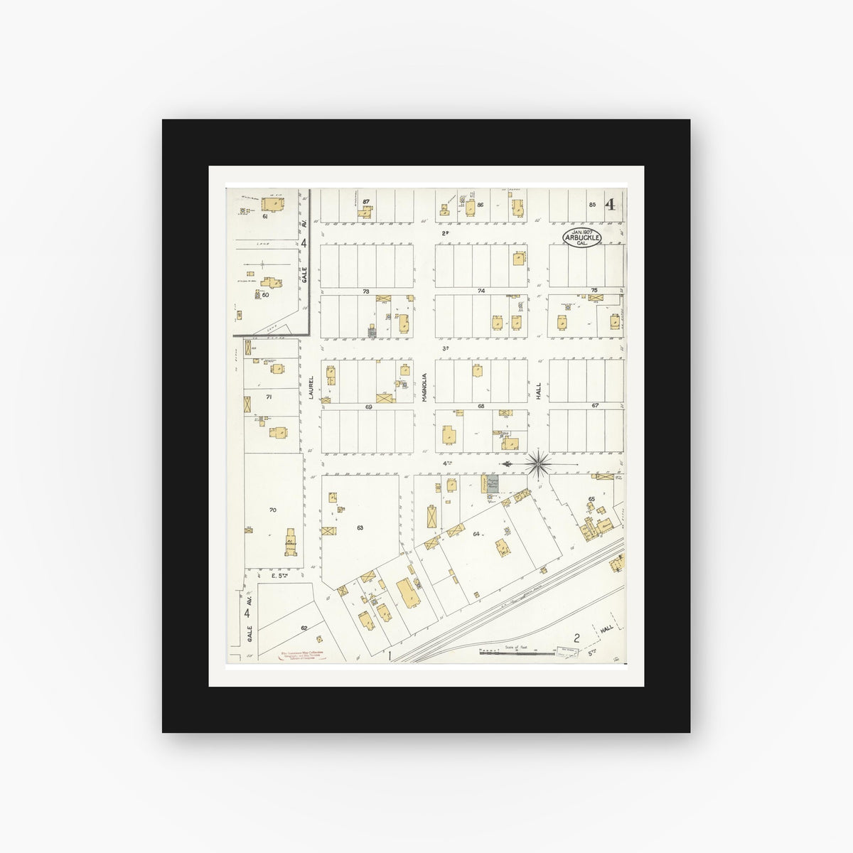 Old map wall art mockup — black gallery frame with white mat — Sanborn Fire Insurance Map from Arbuckle, Colusa County, California (1907), Sheet #0004