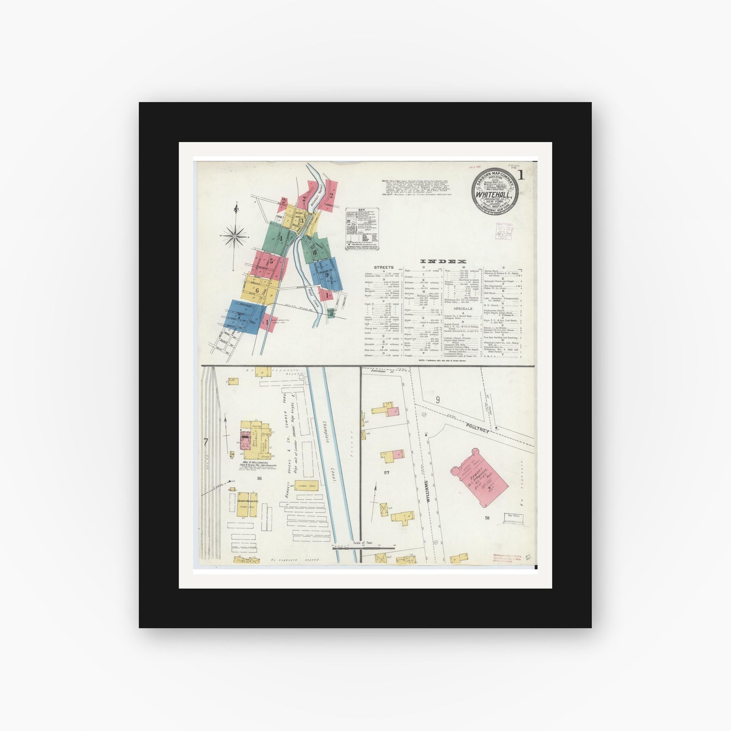 Old map wall art mockup — black gallery frame with white mat — Sanborn Fire Insurance Map from Whitehall, Washington County, New York (1907), Sheet #0001