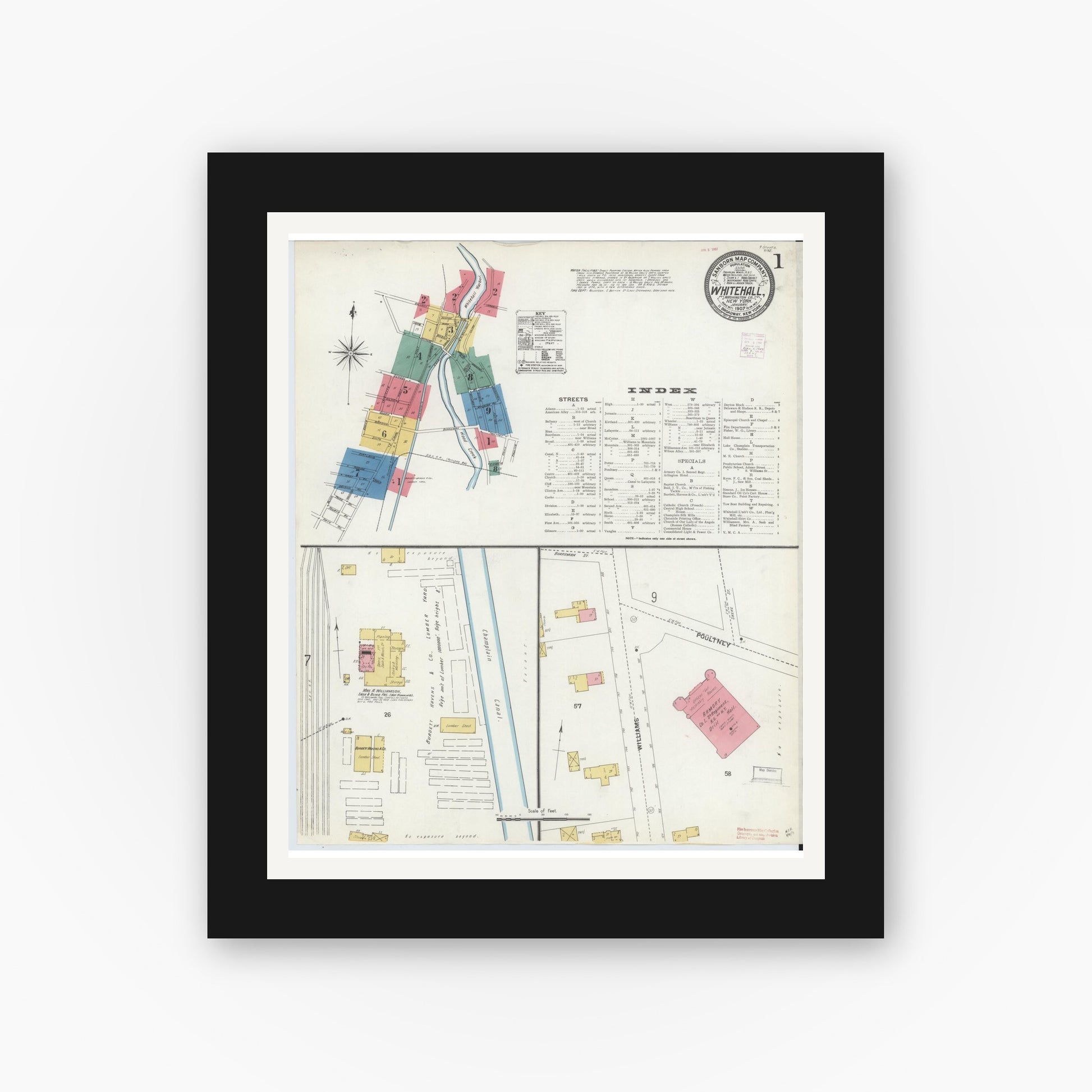 Old map wall art mockup — black gallery frame with white mat — Sanborn Fire Insurance Map from Whitehall, Washington County, New York (1907), Sheet #0001