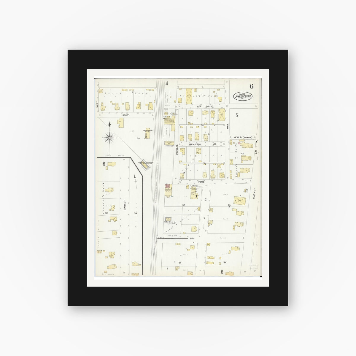 Old map wall art mockup — black gallery frame with white mat — Sanborn Fire Insurance Map from Lawrenceville, Lawrence County, Illinois (1908), Sheet #0006