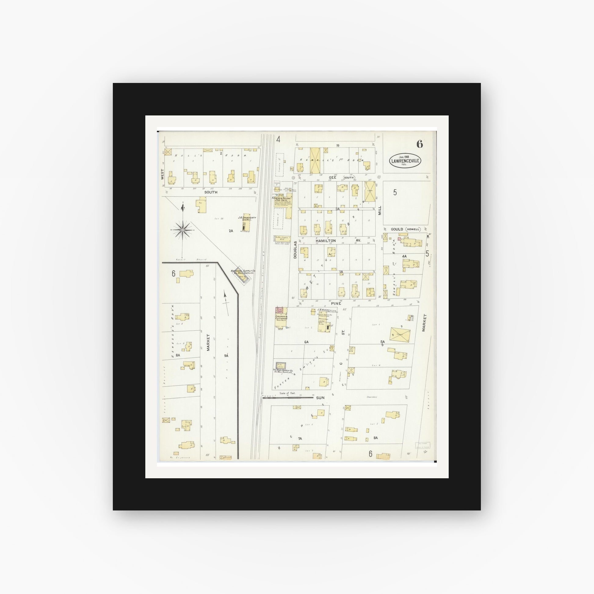 Old map wall art mockup — black gallery frame with white mat — Sanborn Fire Insurance Map from Lawrenceville, Lawrence County, Illinois (1908), Sheet #0006