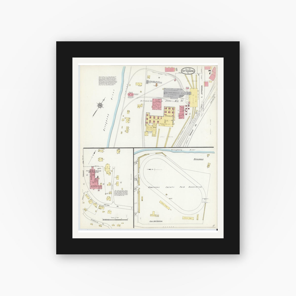 Old map wall art mockup — black gallery frame with white mat — Sanborn Fire Insurance Map from Kittanning, Armstrong County, Pennsylvania (1913), Sheet #0007