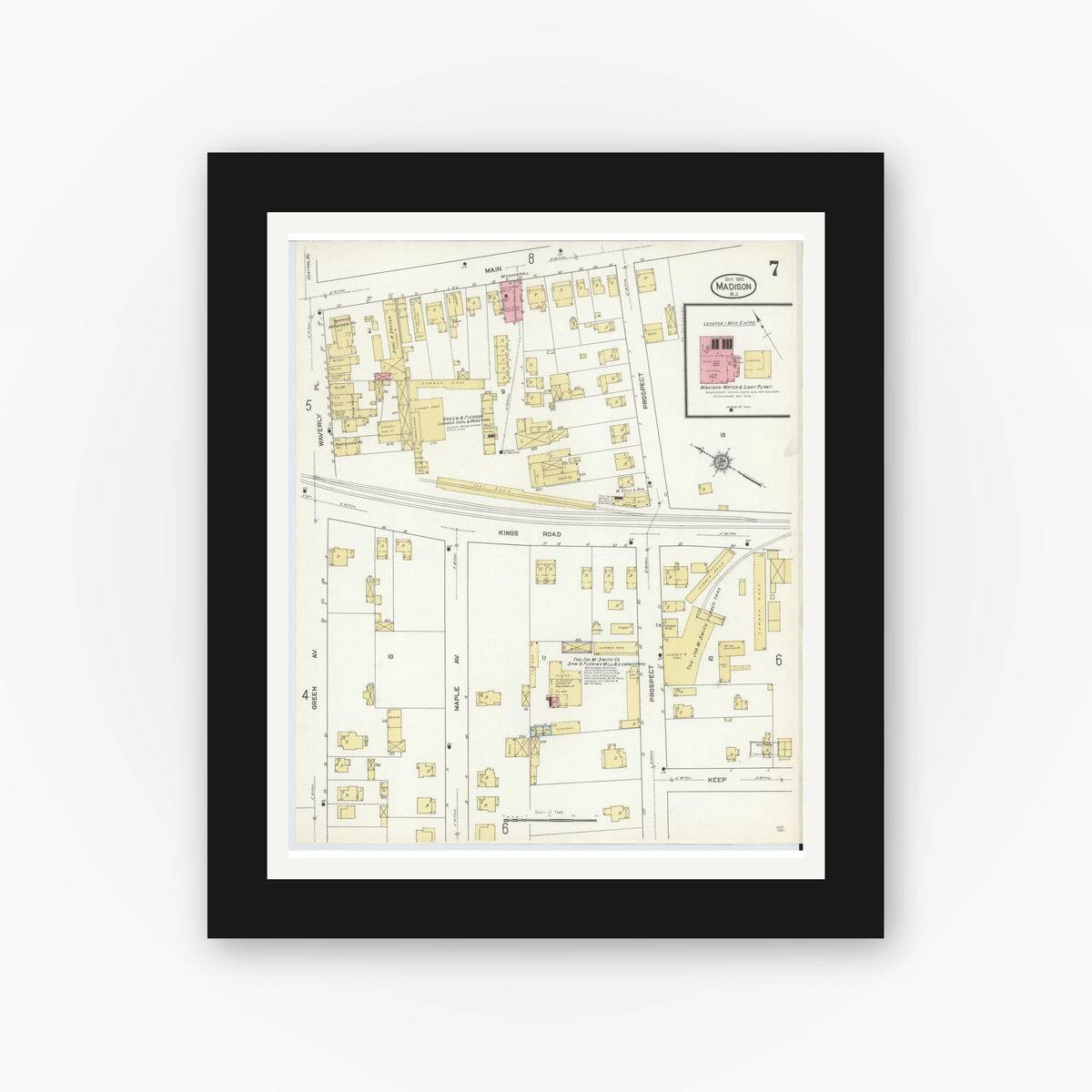 Old map wall art mockup — black gallery frame with white mat — Sanborn Fire Insurance Map from Madison, Morris County, New Jersey (1912), Sheet #0007