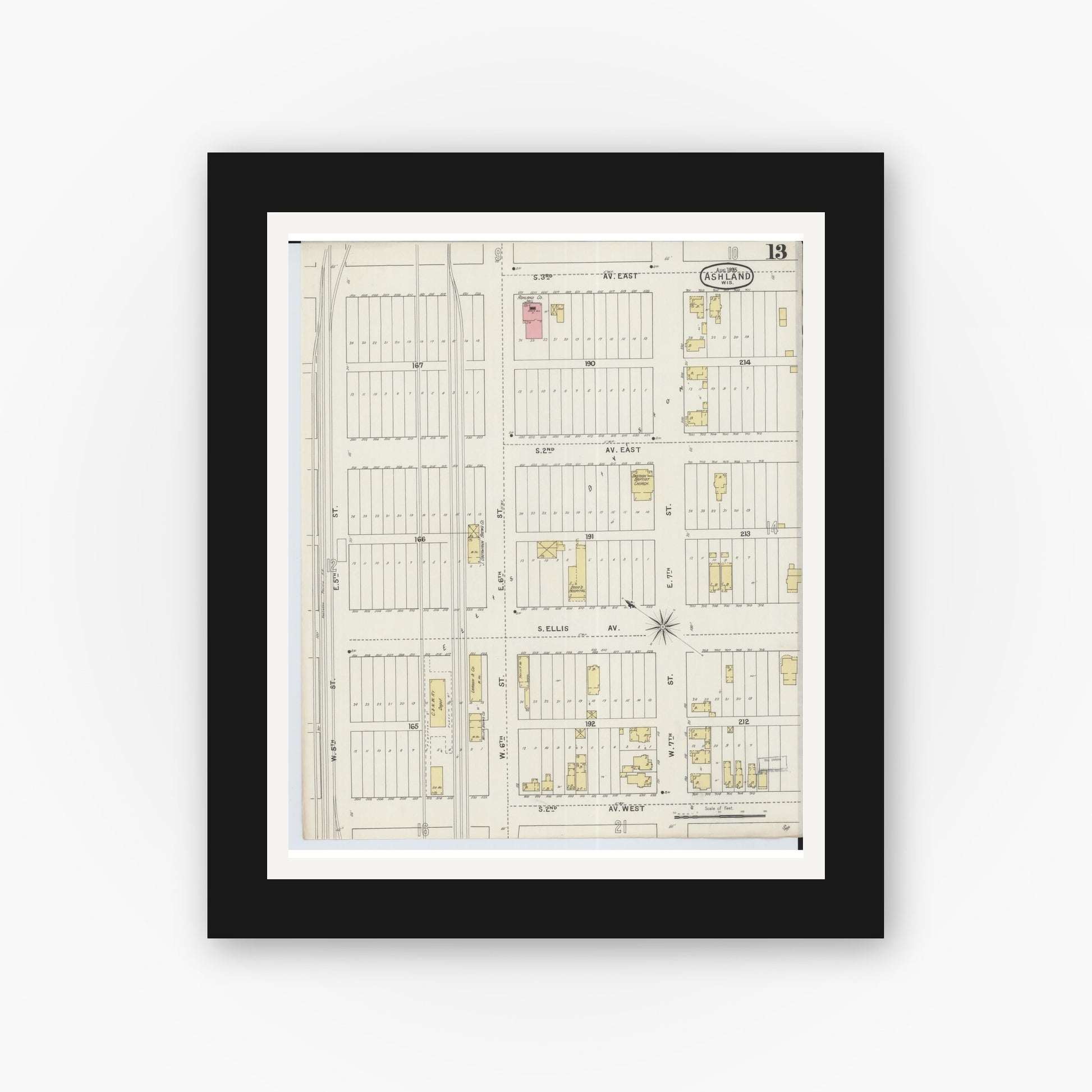 Old map wall art mockup — black gallery frame with white mat — Sanborn Fire Insurance Map from Ashland, Ashland County, Wisconsin (1895), Sheet #0013