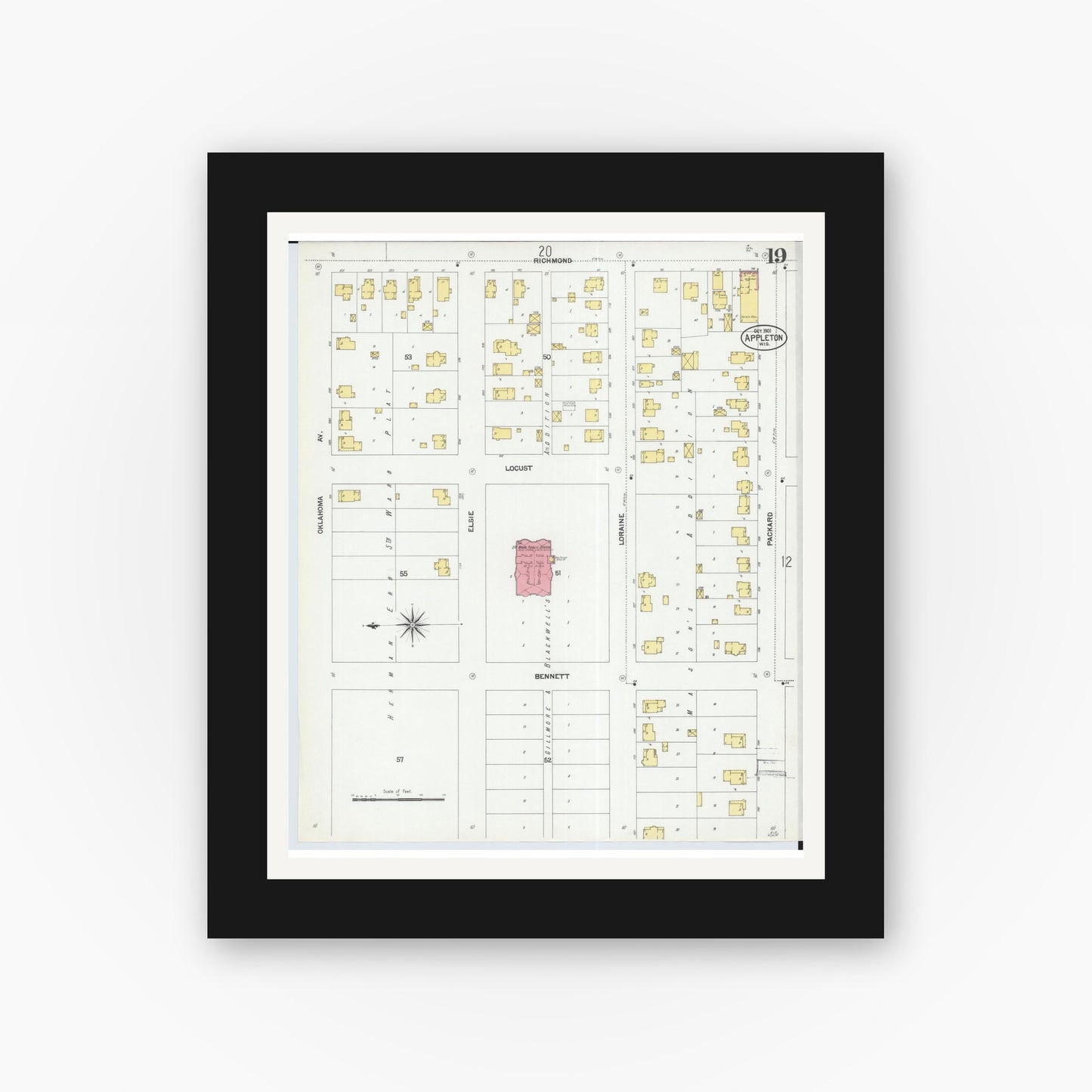 Old map wall art mockup — black gallery frame with white mat — Sanborn Fire Insurance Map from Appleton, Outagamie County, Wisconsin (1901), Sheet #0019