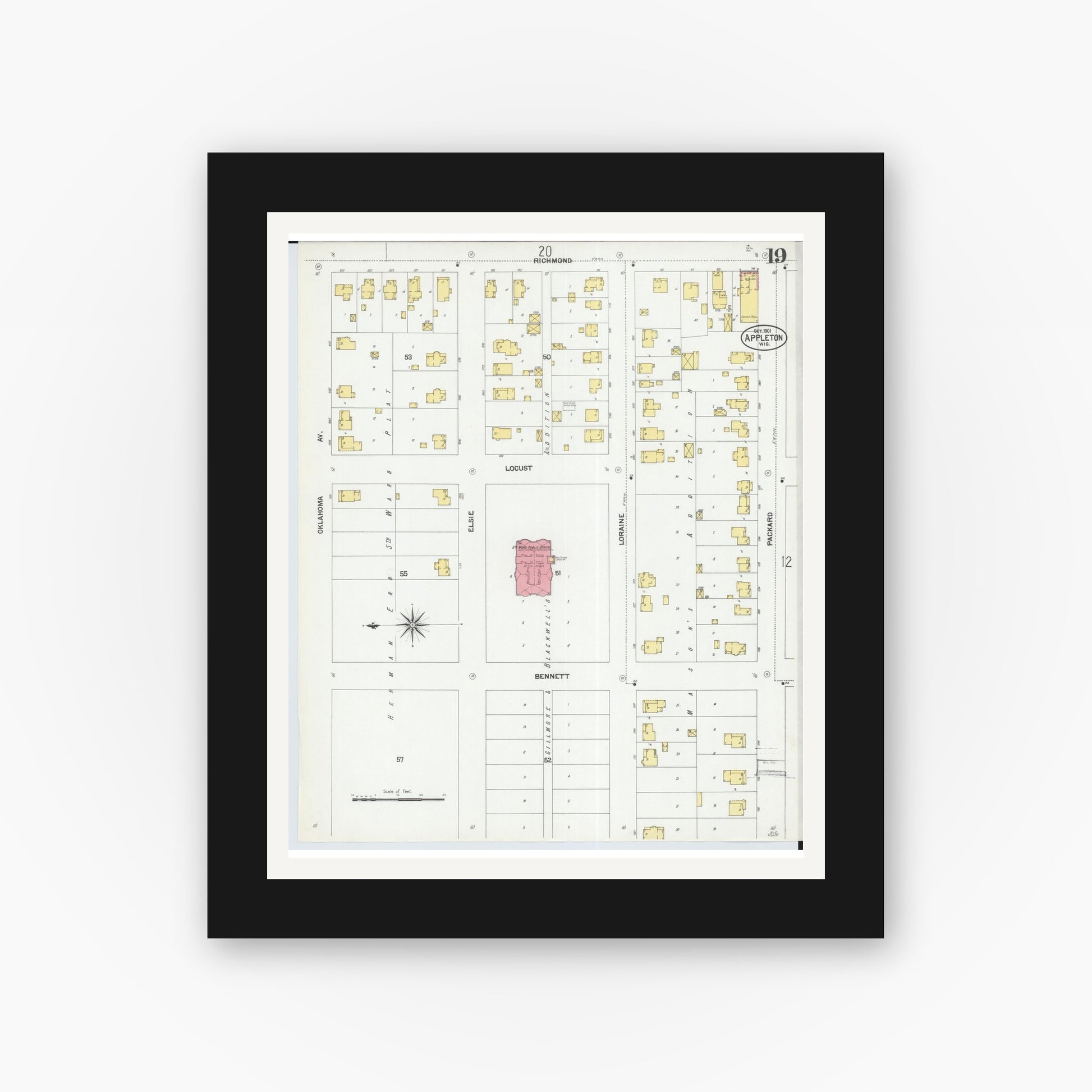Old map wall art mockup — black gallery frame with white mat — Sanborn Fire Insurance Map from Appleton, Outagamie County, Wisconsin (1901), Sheet #0019