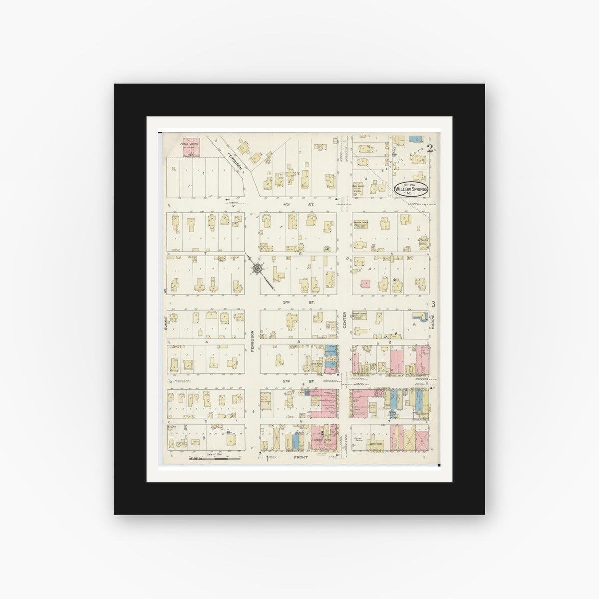 Old map wall art mockup — black gallery frame with white mat — Sanborn Fire Insurance Map from Willow Springs, Howell County, Missouri (1914), Sheet #0002
