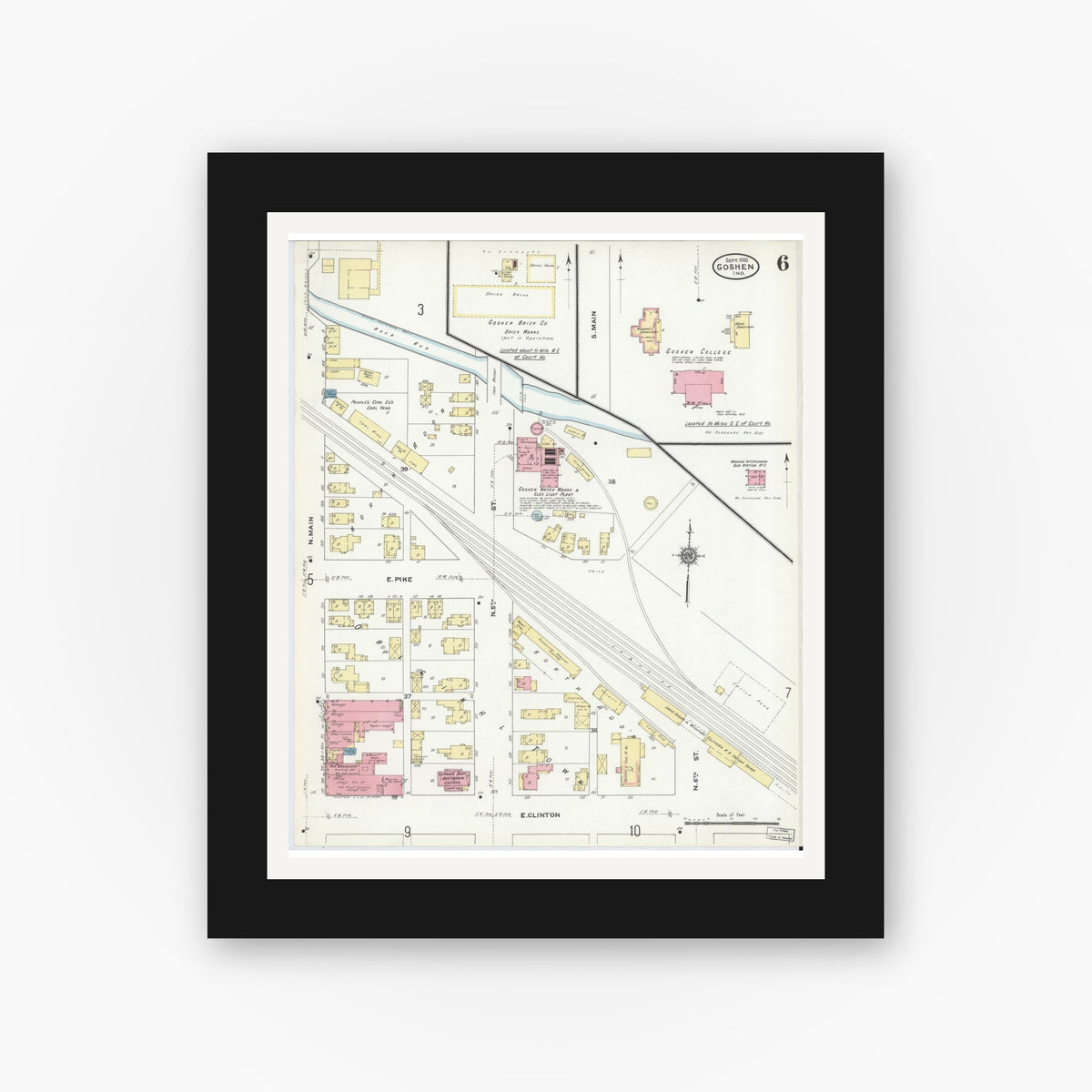 Old map wall art mockup — black gallery frame with white mat — Sanborn Fire Insurance Map from Goshen, Elkhart County, Indiana (1910), Sheet #0006
