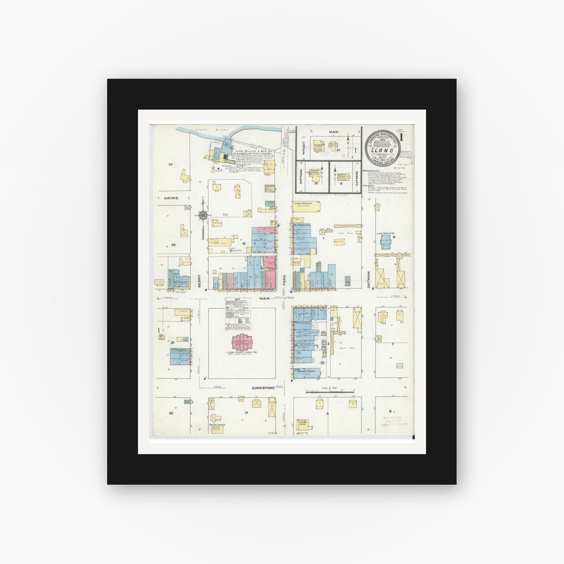 Old map wall art mockup — black gallery frame with white mat — Sanborn Fire Insurance Map from Llano, Llano County, Texas (1910), Sheet #0001