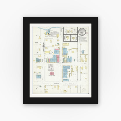 Old map wall art mockup — black gallery frame with white mat — Sanborn Fire Insurance Map from Llano, Llano County, Texas (1910), Sheet #0001