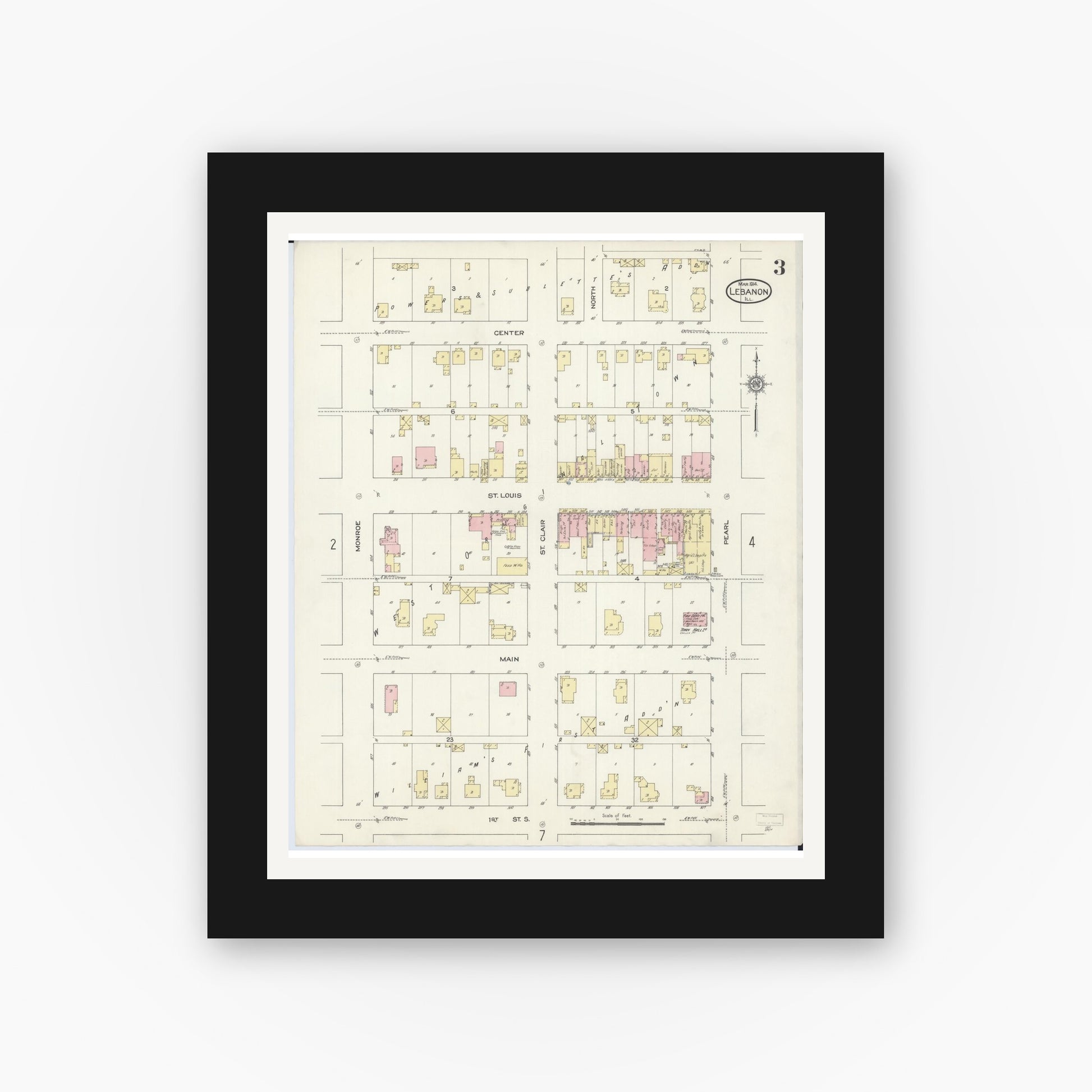 Old map wall art mockup — black gallery frame with white mat — Sanborn Fire Insurance Map from Lebanon, Saint Clair County, Illinois (1914), Sheet #0003