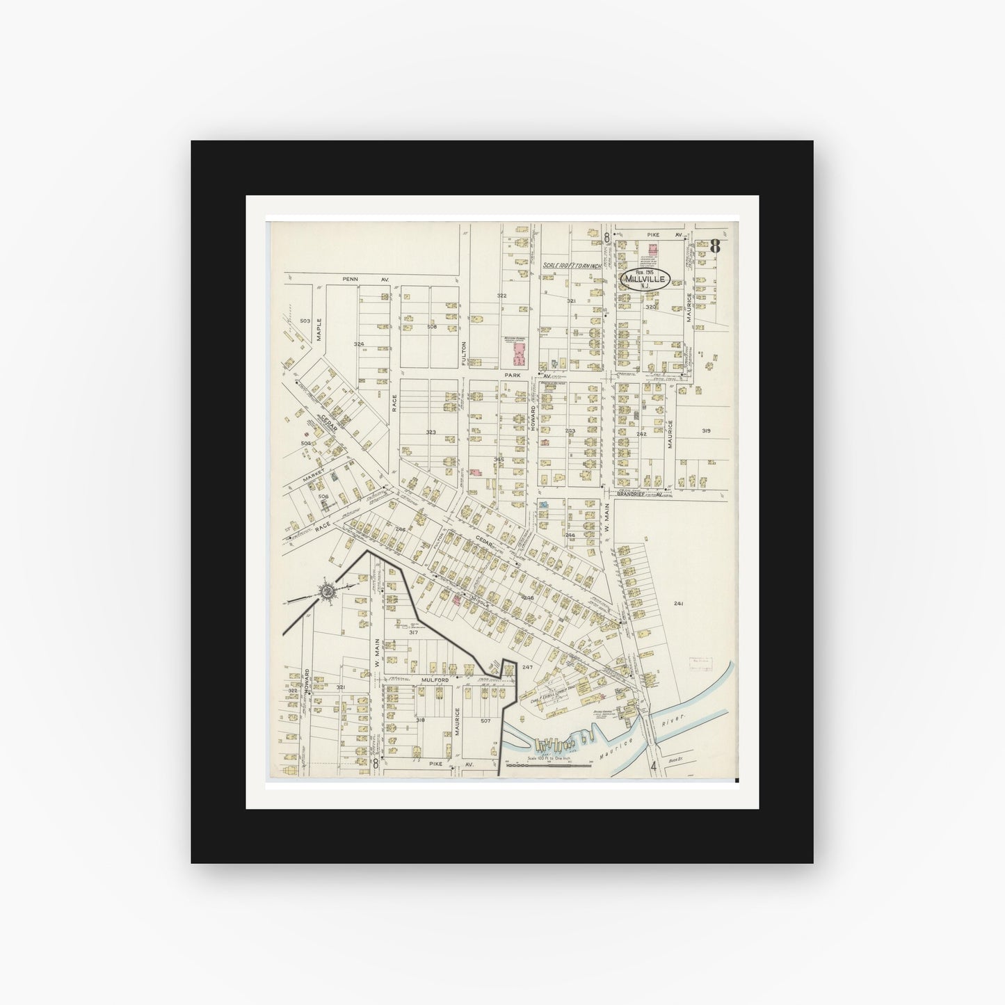 Old map wall art mockup — black gallery frame with white mat — Sanborn Fire Insurance Map from Millville, Cumberland County, New Jersey (1915), Sheet #0008