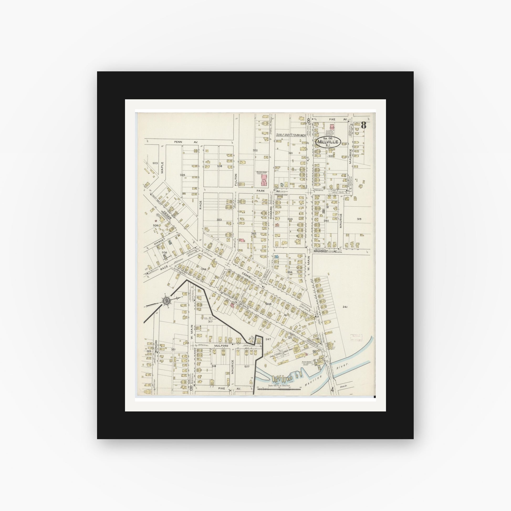 Old map wall art mockup — black gallery frame with white mat — Sanborn Fire Insurance Map from Millville, Cumberland County, New Jersey (1915), Sheet #0008