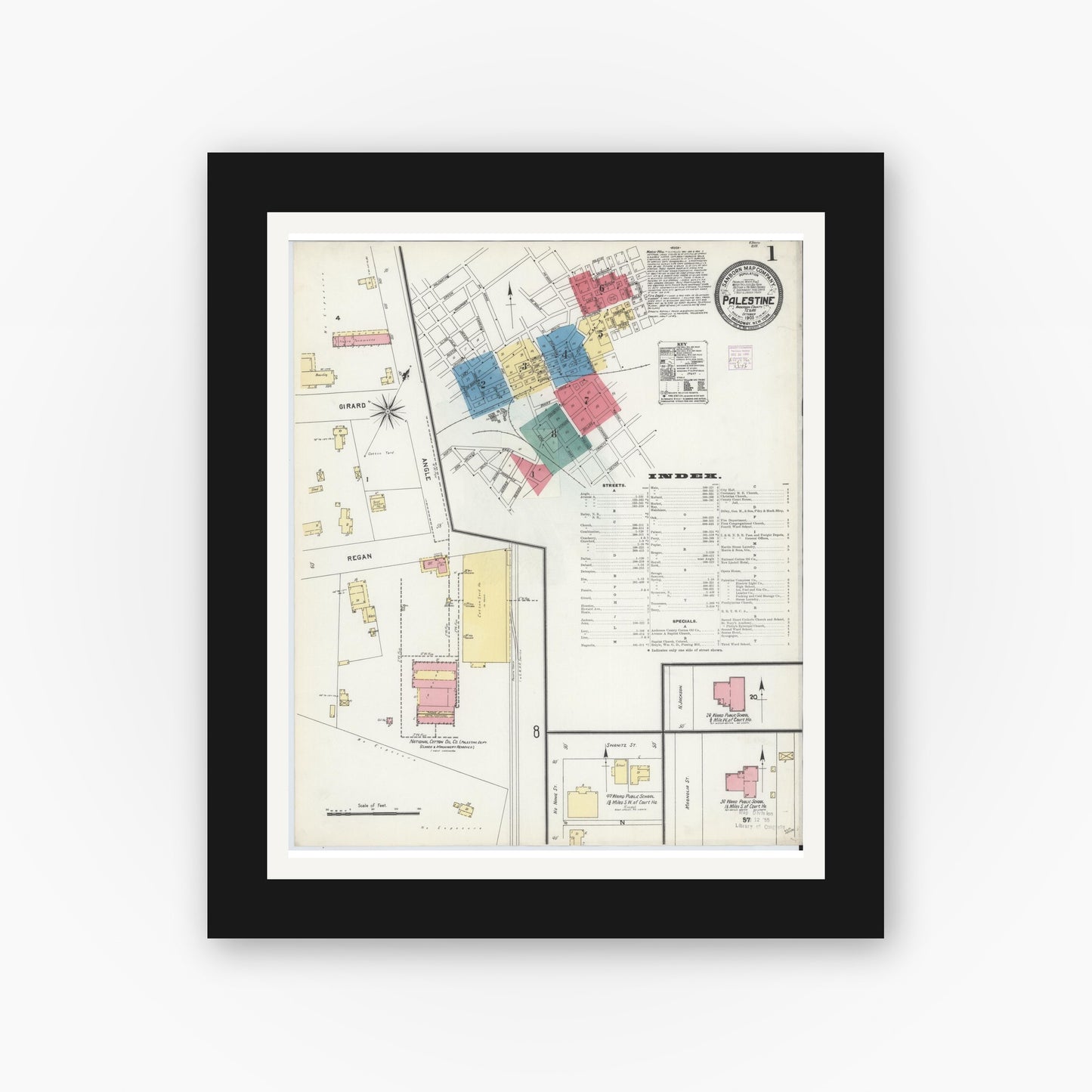 Old map wall art mockup — black gallery frame with white mat — Sanborn Fire Insurance Map from Palestine, Anderson County, Texas (1905) - Complete Map Set