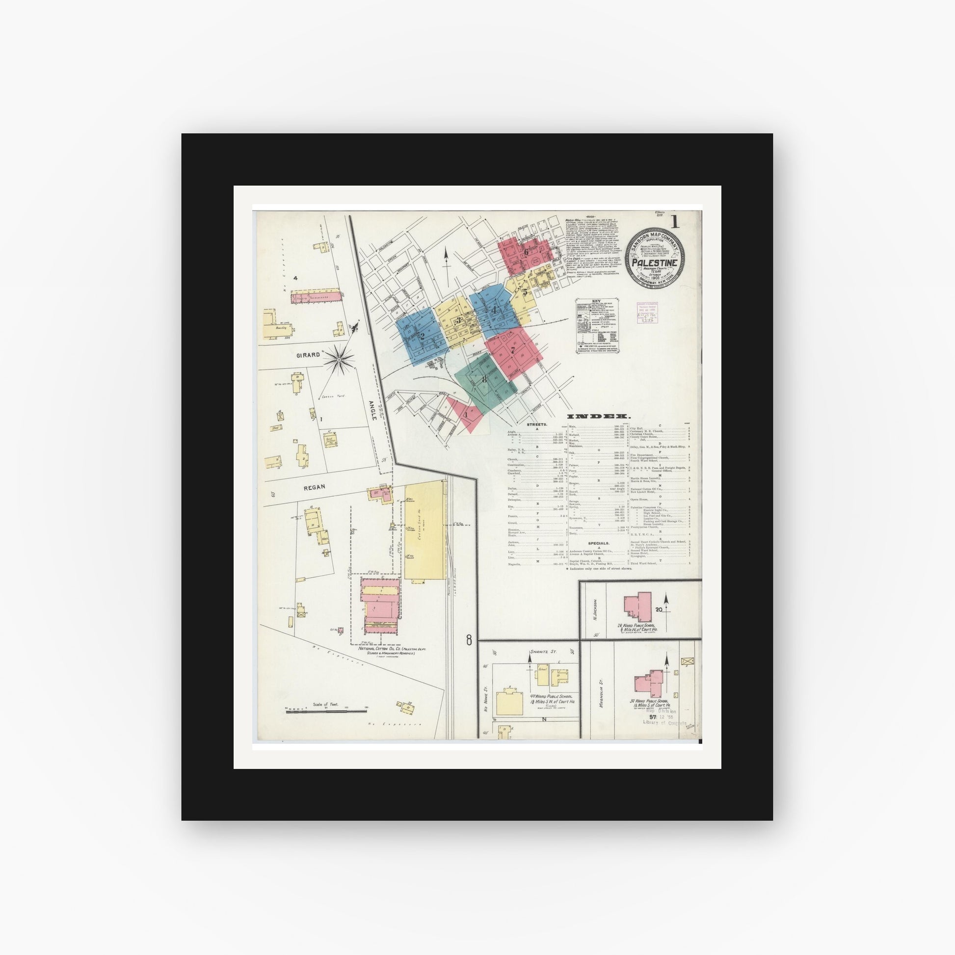 Old map wall art mockup — black gallery frame with white mat — Sanborn Fire Insurance Map from Palestine, Anderson County, Texas (1905) - Complete Map Set