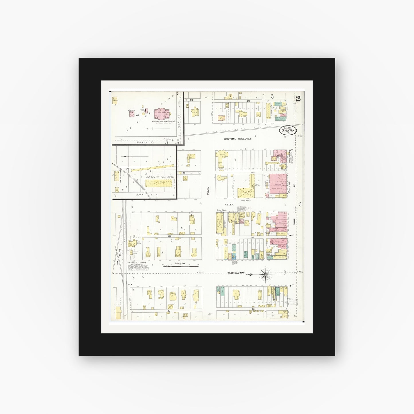 Old map wall art mockup — black gallery frame with white mat — Sanborn Fire Insurance Map from Onawa, Monona County, Iowa (1907), Sheet #0002