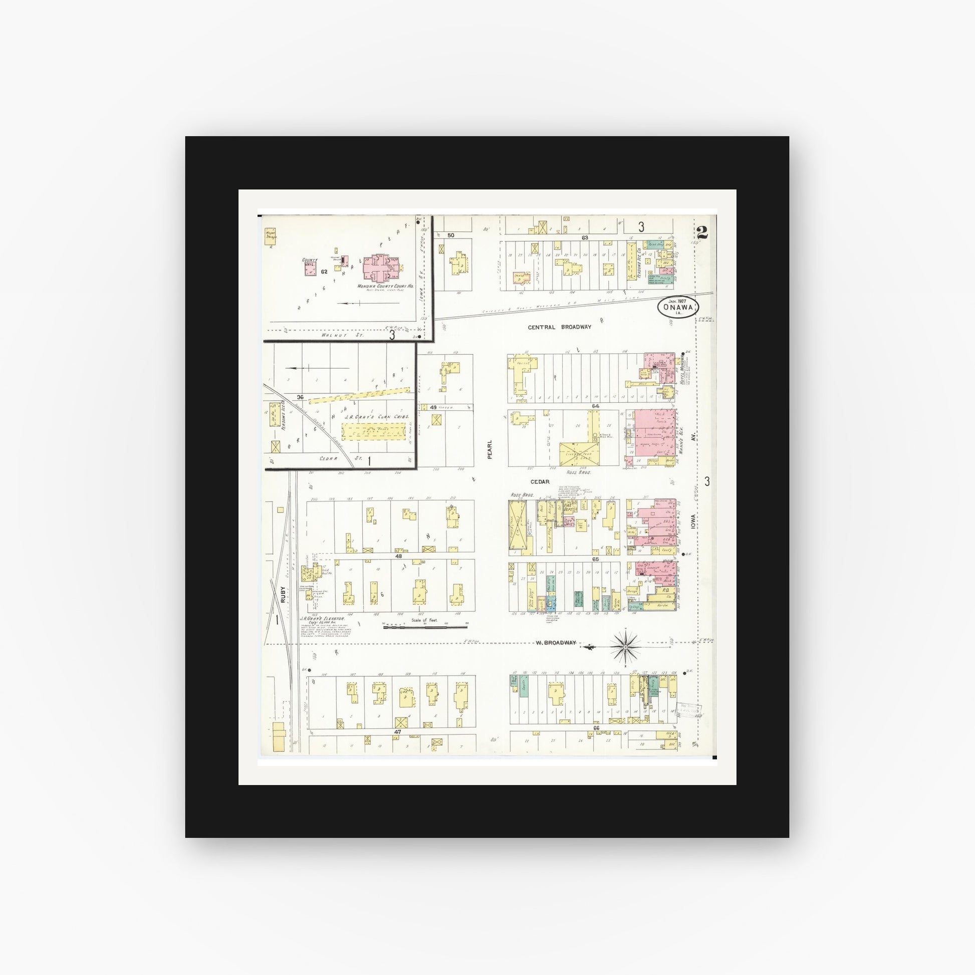Old map wall art mockup — black gallery frame with white mat — Sanborn Fire Insurance Map from Onawa, Monona County, Iowa (1907), Sheet #0002