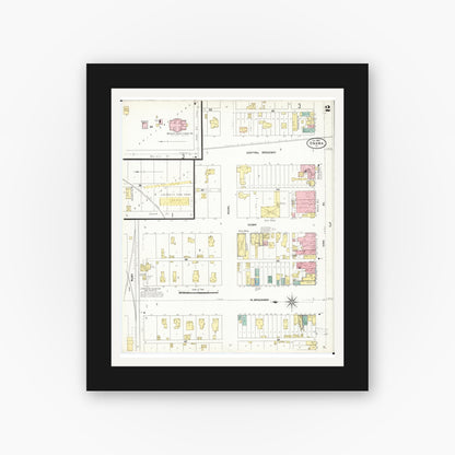 Old map wall art mockup — black gallery frame with white mat — Sanborn Fire Insurance Map from Onawa, Monona County, Iowa (1907), Sheet #0002
