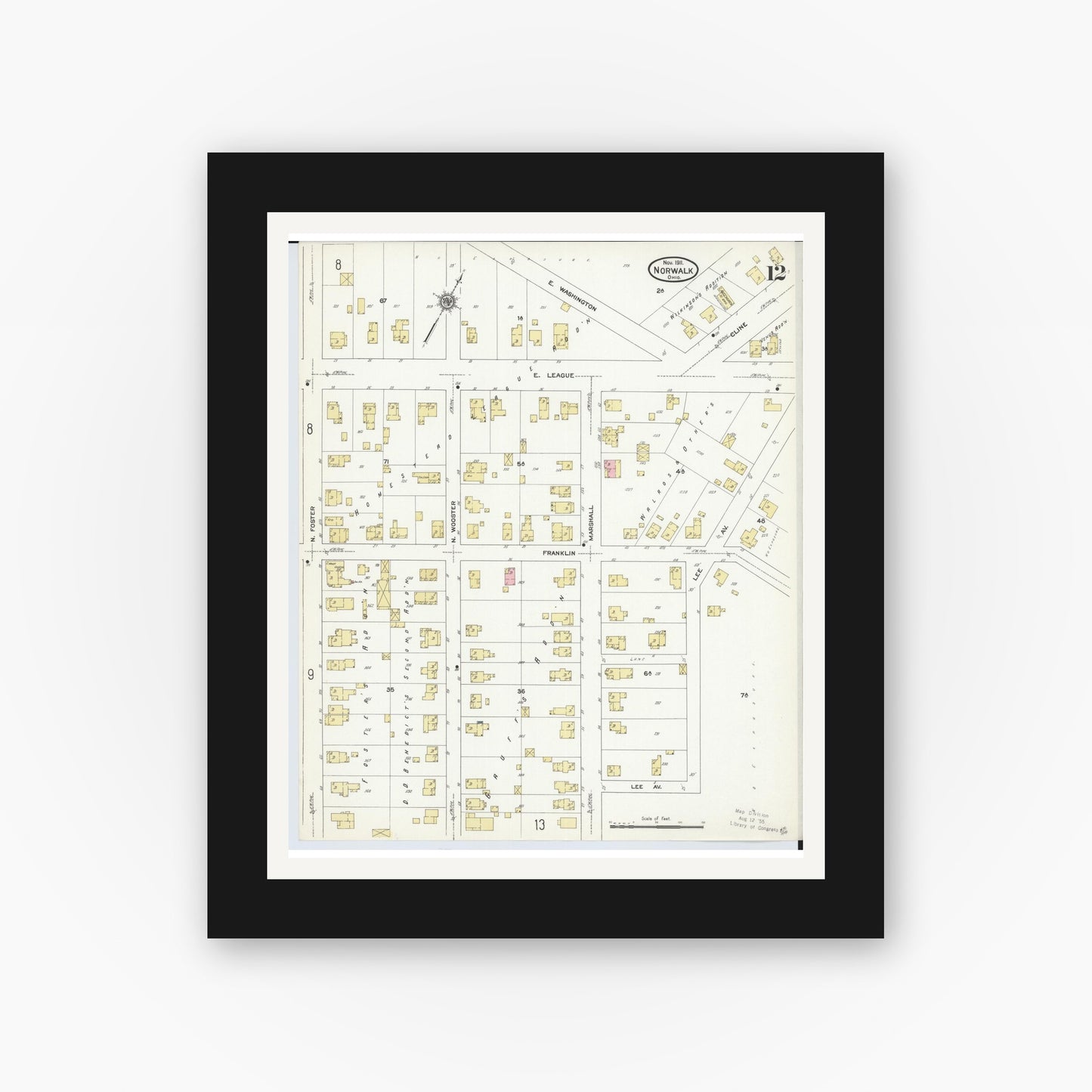 Old map wall art mockup — black gallery frame with white mat — Sanborn Fire Insurance Map from Norwalk, Huron County, Ohio (1911), Sheet #0012