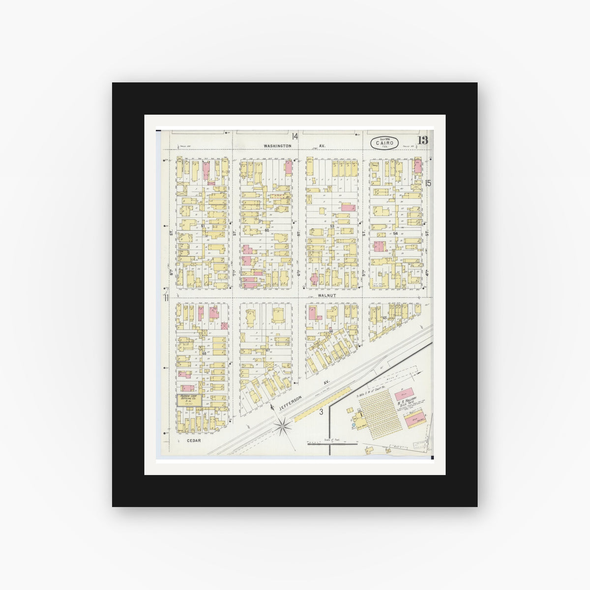 Old map wall art mockup — black gallery frame with white mat — Sanborn Fire Insurance Map from Cairo, Alexander County, Illinois (1896), Sheet #0013