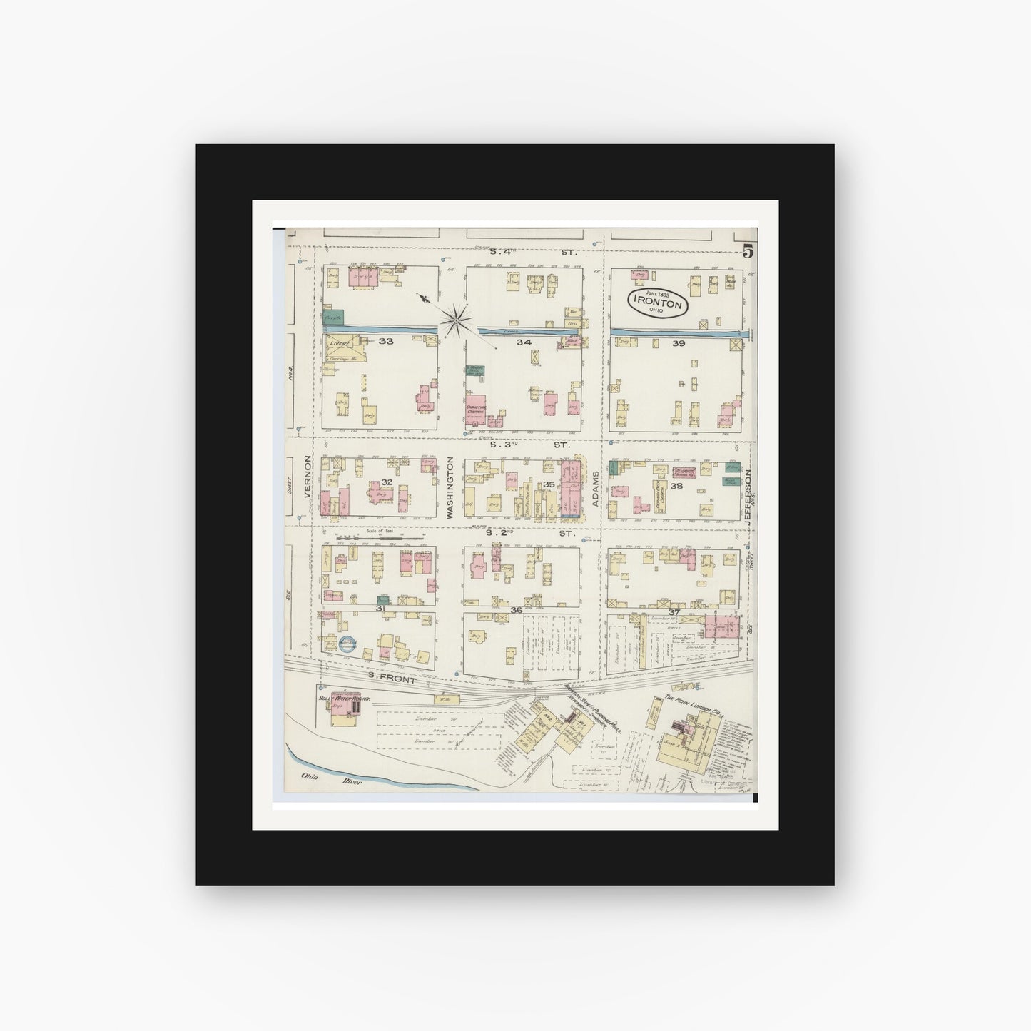 Old map wall art mockup — black gallery frame with white mat — Sanborn Fire Insurance Map from Ironton, Lawrence County, Ohio (1885), Sheet #0005