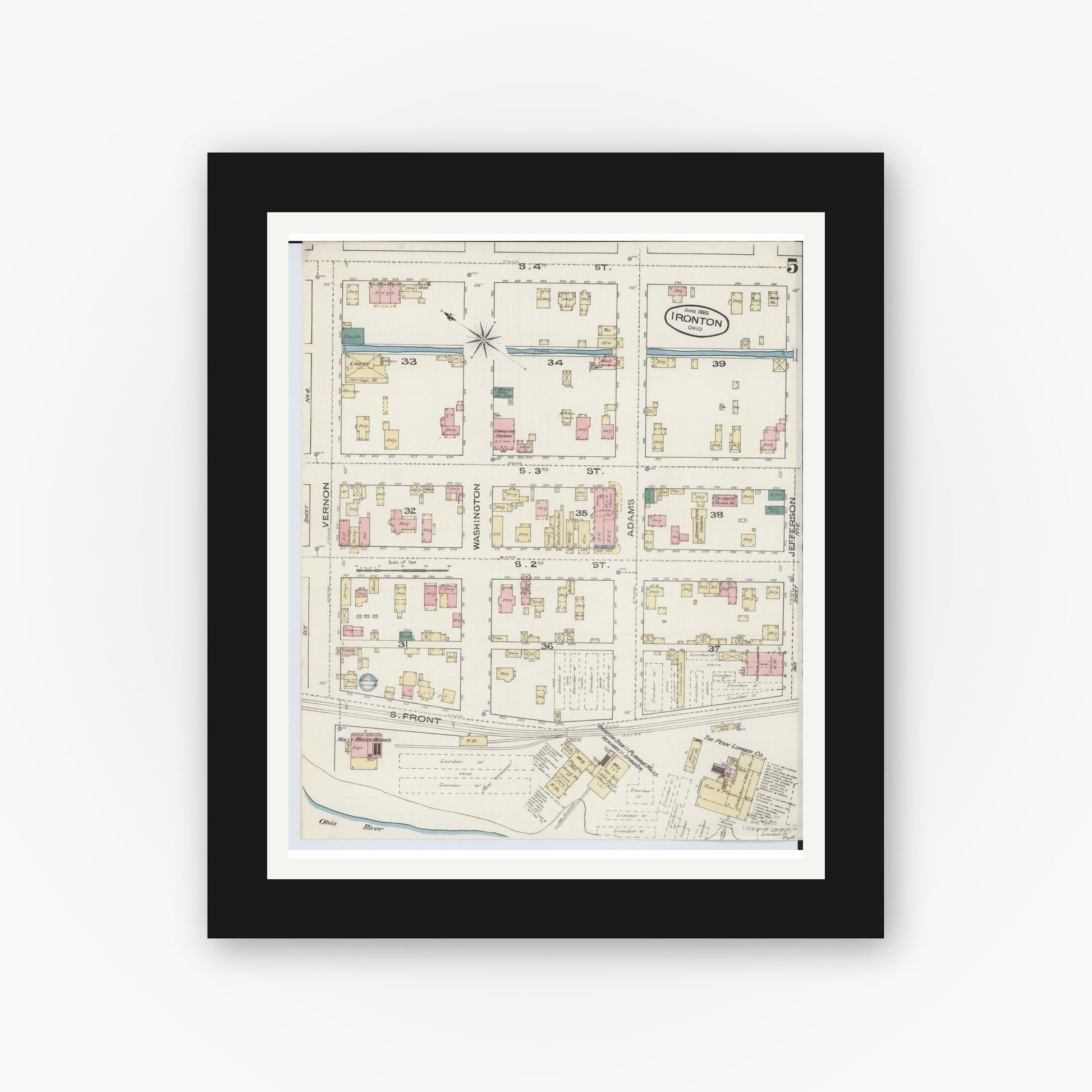 Old map wall art mockup — black gallery frame with white mat — Sanborn Fire Insurance Map from Ironton, Lawrence County, Ohio (1885), Sheet #0005