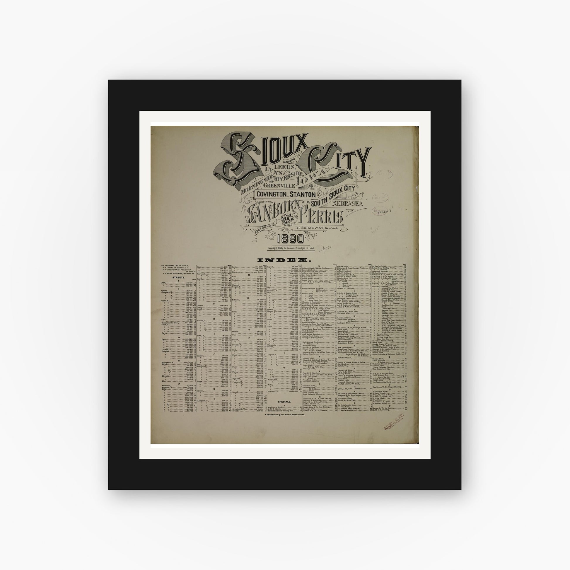 Old map wall art mockup — black gallery frame with white mat — Sanborn Fire Insurance Map from Sioux City, Woodbury County, Iowa (1890), Sheet #0001