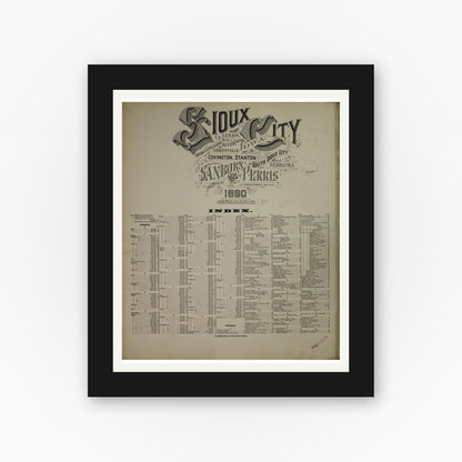 Old map wall art mockup — black gallery frame with white mat — Sanborn Fire Insurance Map from Sioux City, Woodbury County, Iowa (1890), Sheet #0001