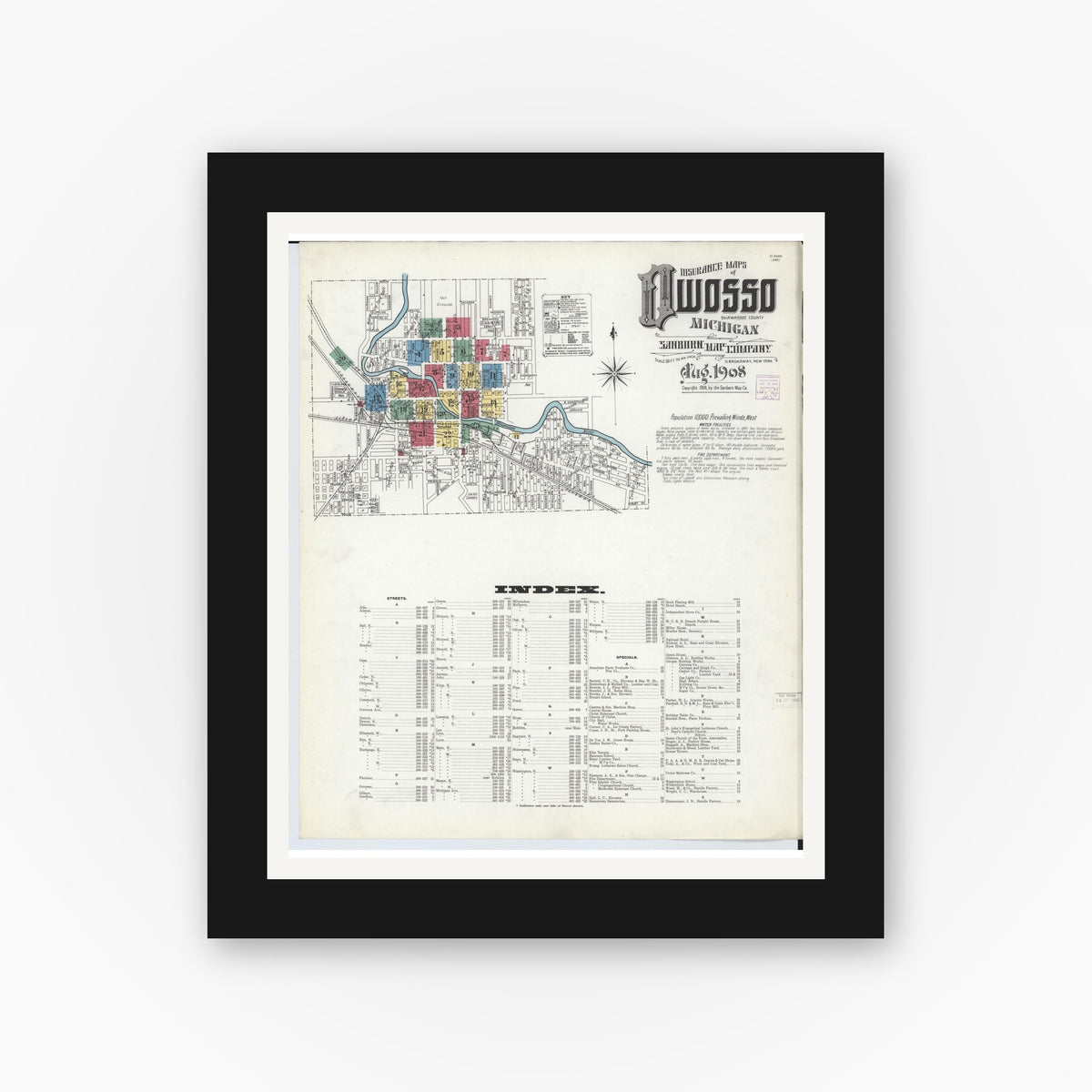 Old map wall art mockup — black gallery frame with white mat — Sanborn Fire Insurance Map from Owosso, Shiawassee County, Michigan (1908), Sheet #0001